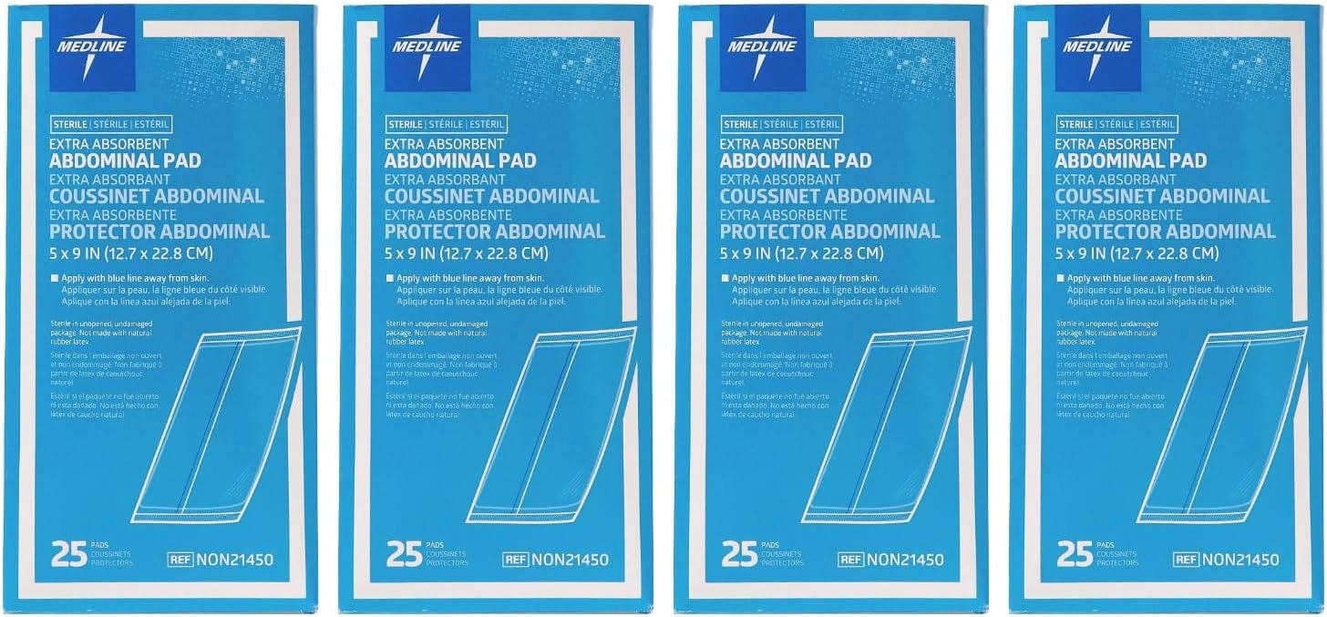 Medline Sterile Abdominal Pad, NON21450H, 5 inch x 9 inch, 25 Count (Pack of 4)