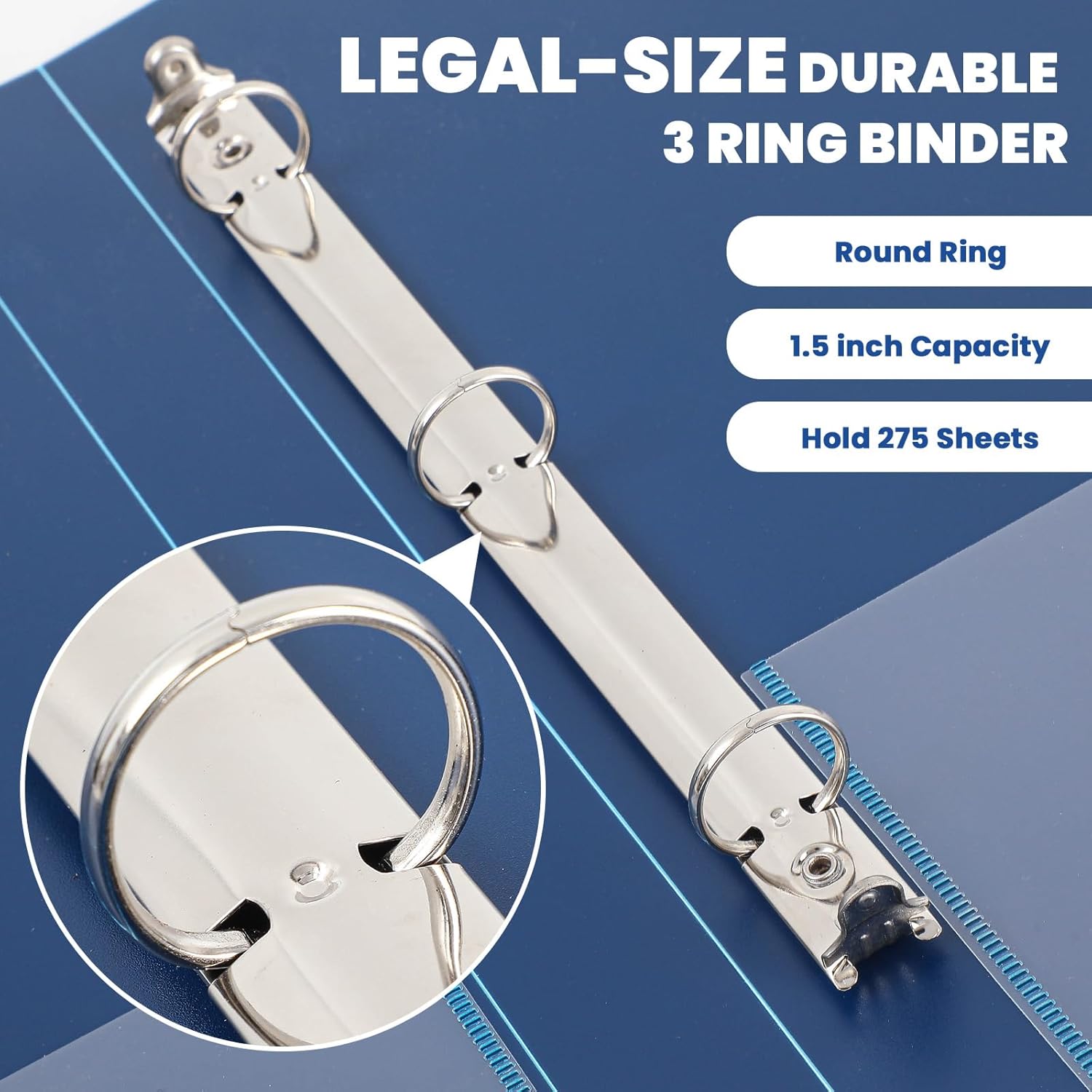Henoyso 4 Pcs Legal Size Binder 3 Ring 1.5" Durable Navy Blue Binders for 8.5" x 14" Paper Hold up to 175 Sheets for Documents Artwork Blueprints, Office, Home, Work Places