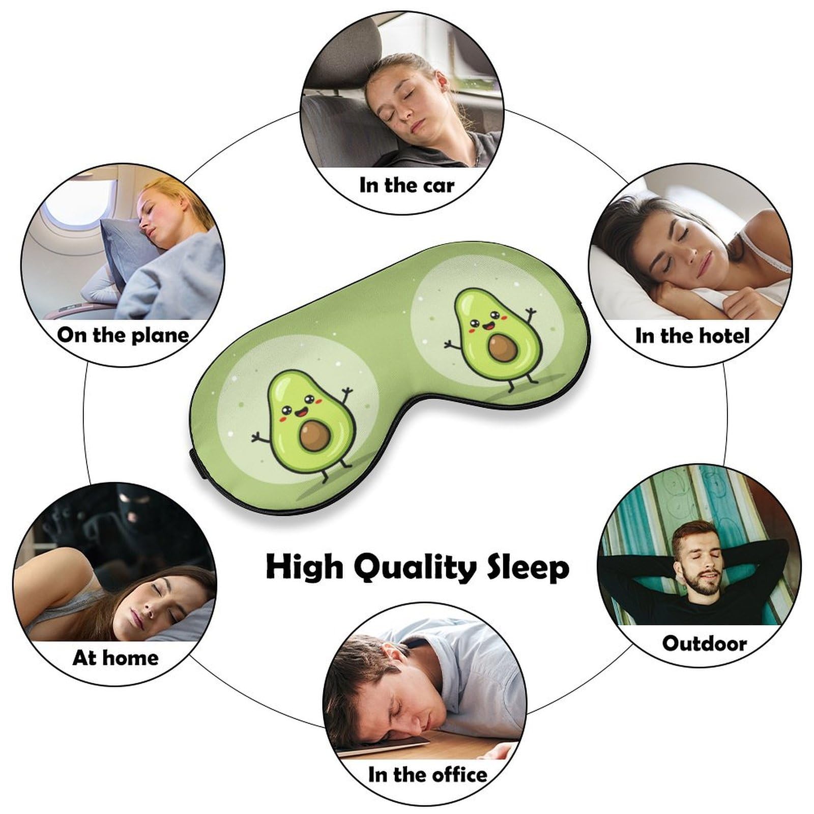 Mascherina Per Dormire A Forma Di Avocado Sorridente, Disegnata A Mano, In Poliestere, Con Cinghia Regolabile.