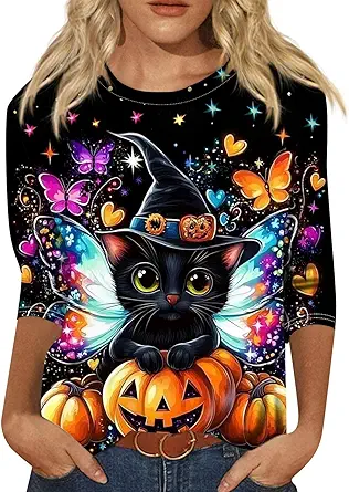 Cute Funny Halloween Shirts for Women Plus Size 3/4 Length Long Sleeve Womens Tops Witch Gothic Renaissance Shirt