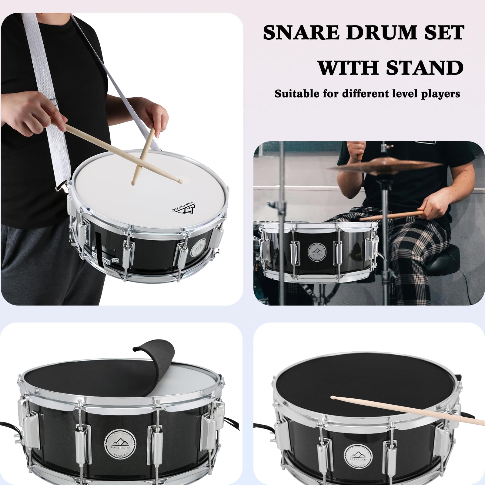 EASTROCK Snare Drum 14X5.5 Zoll für Erwachsene,Anfänger,mit Ständer,Schwarz