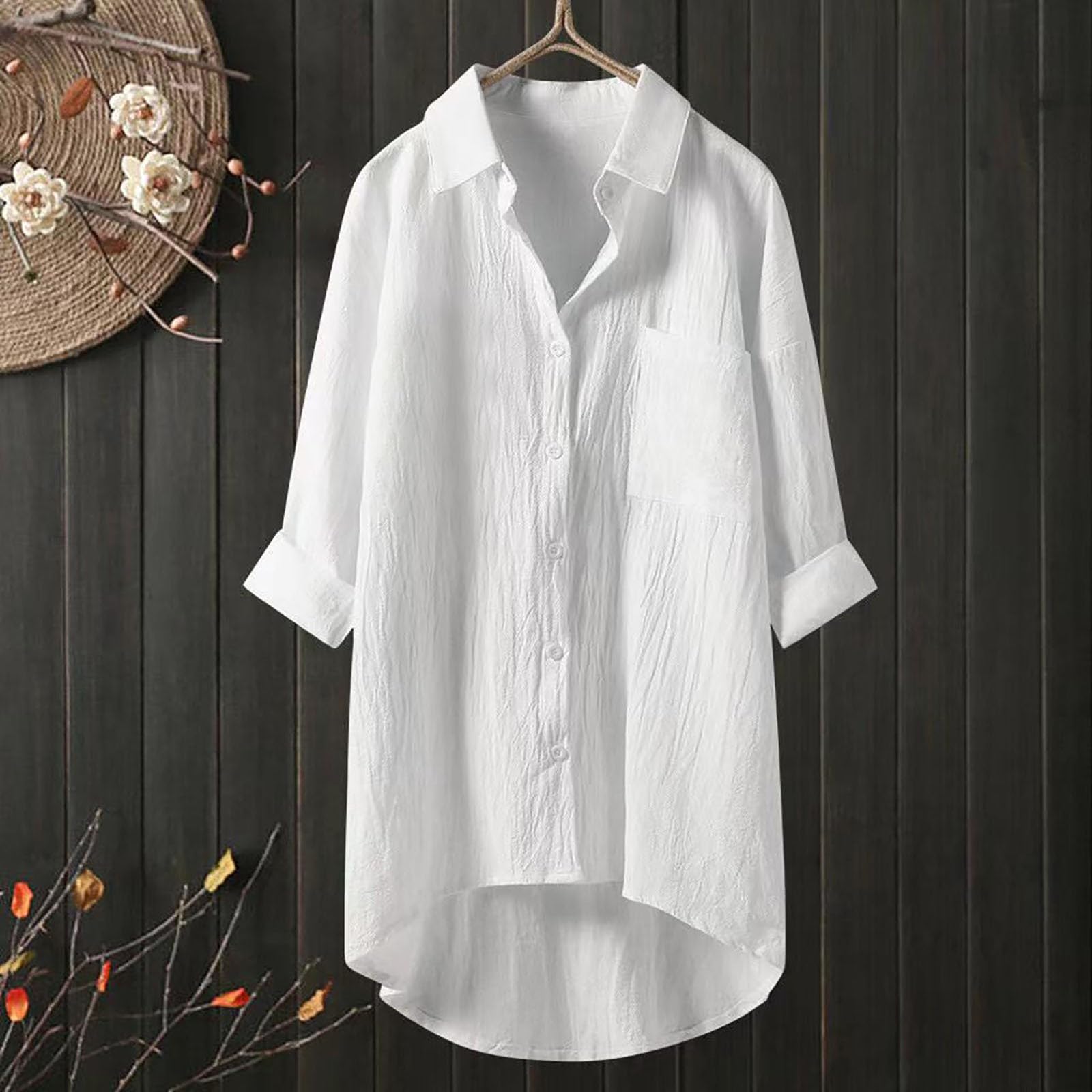Générique Chemise Femme Manches Longues Anti UV, Chemise De Plage en Lin Femme, Chemisier Revers Haut avec Bouton Top Large Confortable Chemisier Couleur Unie Blouse Grande Taille Chemises Été S-3Xl