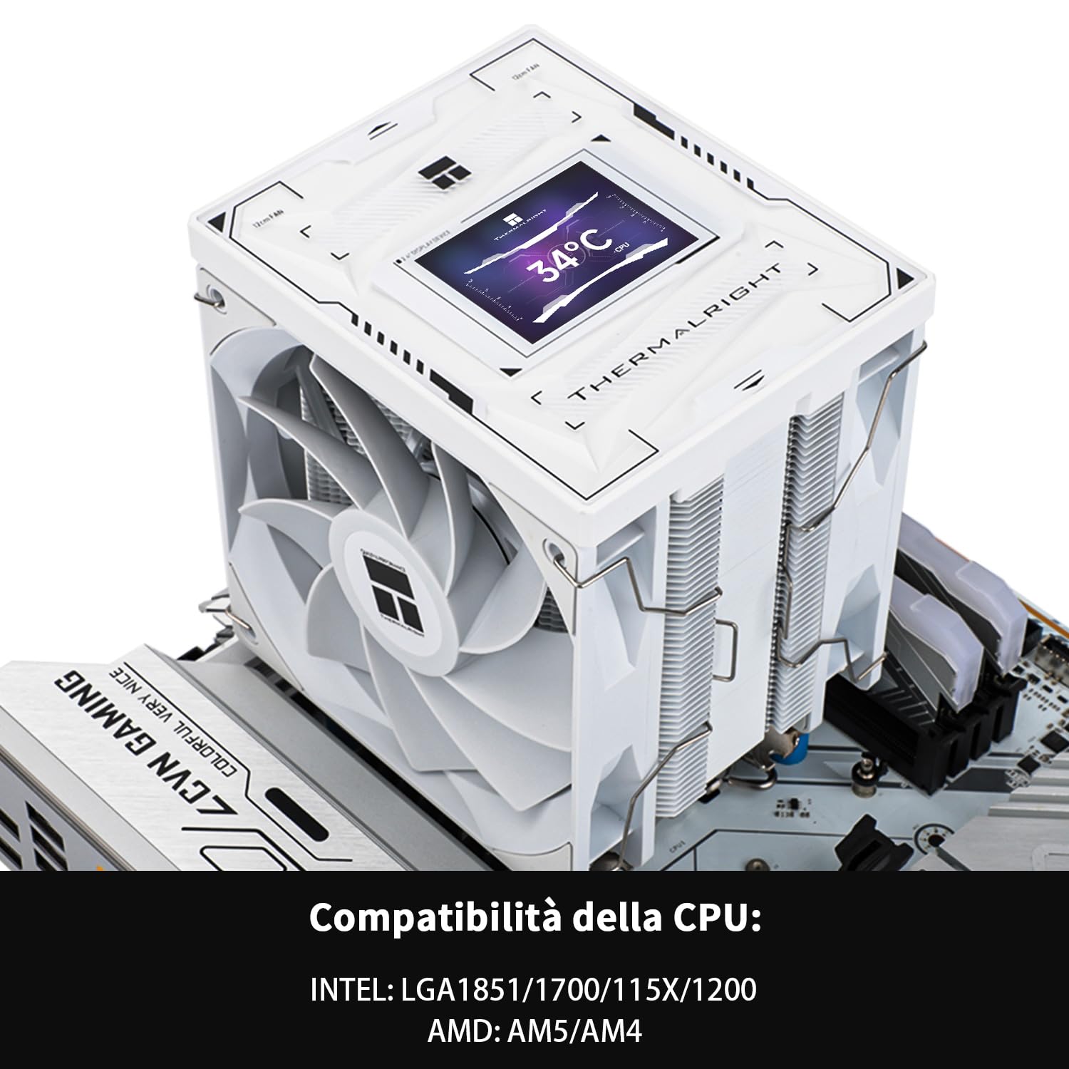 TR -Burst Assassin 120 Vision Blanco, pantalla IPS LCD de 2,4 pulgadas (6,1 cm) con resolución de 320 x 240, ventilador de refrigeración de computadora de alto rendimiento, para LGA1851/1700 y AM4/AM5