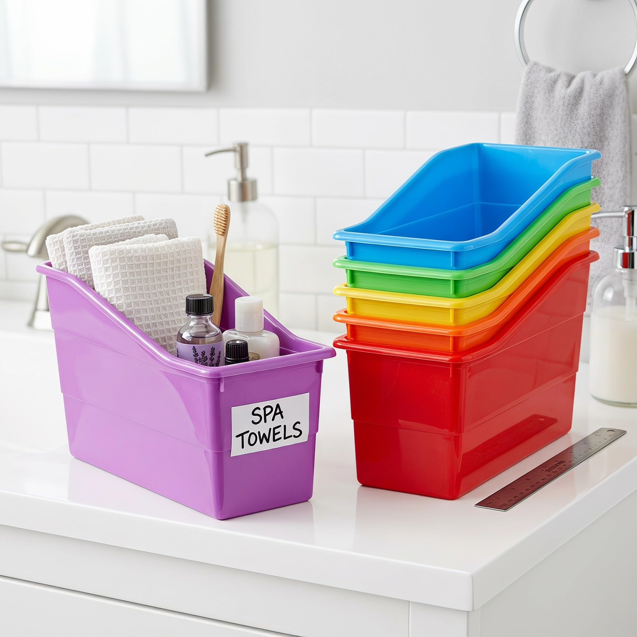 Operitacx 6 contenitori organizer per la classe, scatole di plastica impilabili da 11,4x7,4x5,5 pollici, 6 colori, scatole per archiviazione per cancelleria scolastica e libri