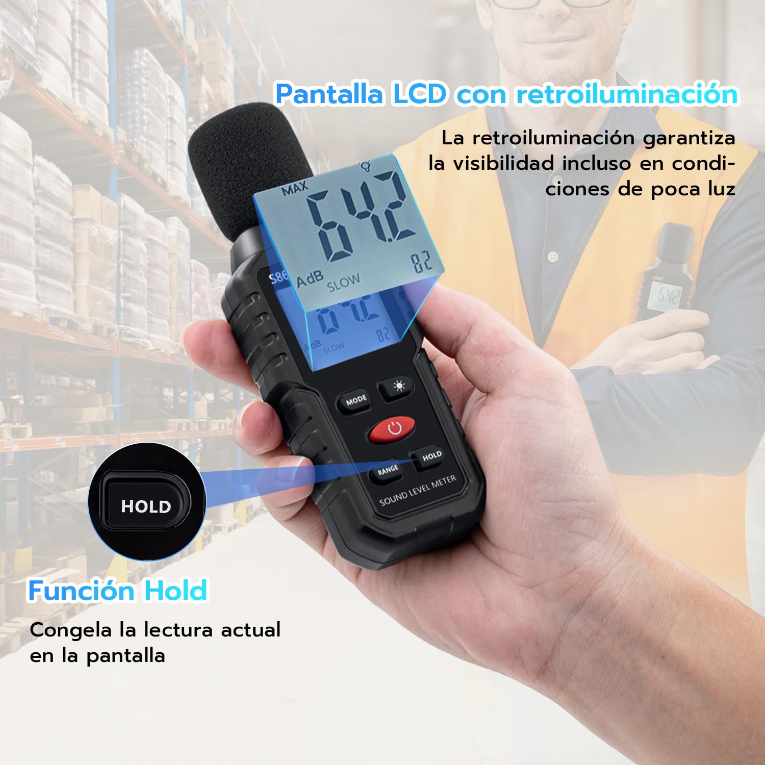 Mcbazel Digital Medidor de Decibelios, 30-130dB Medidor de Decibelios de Ruido con Pantalla LCD Digital Retroiluminada, Medidor de Sonido Portátil para Uso Industrial y Escolar