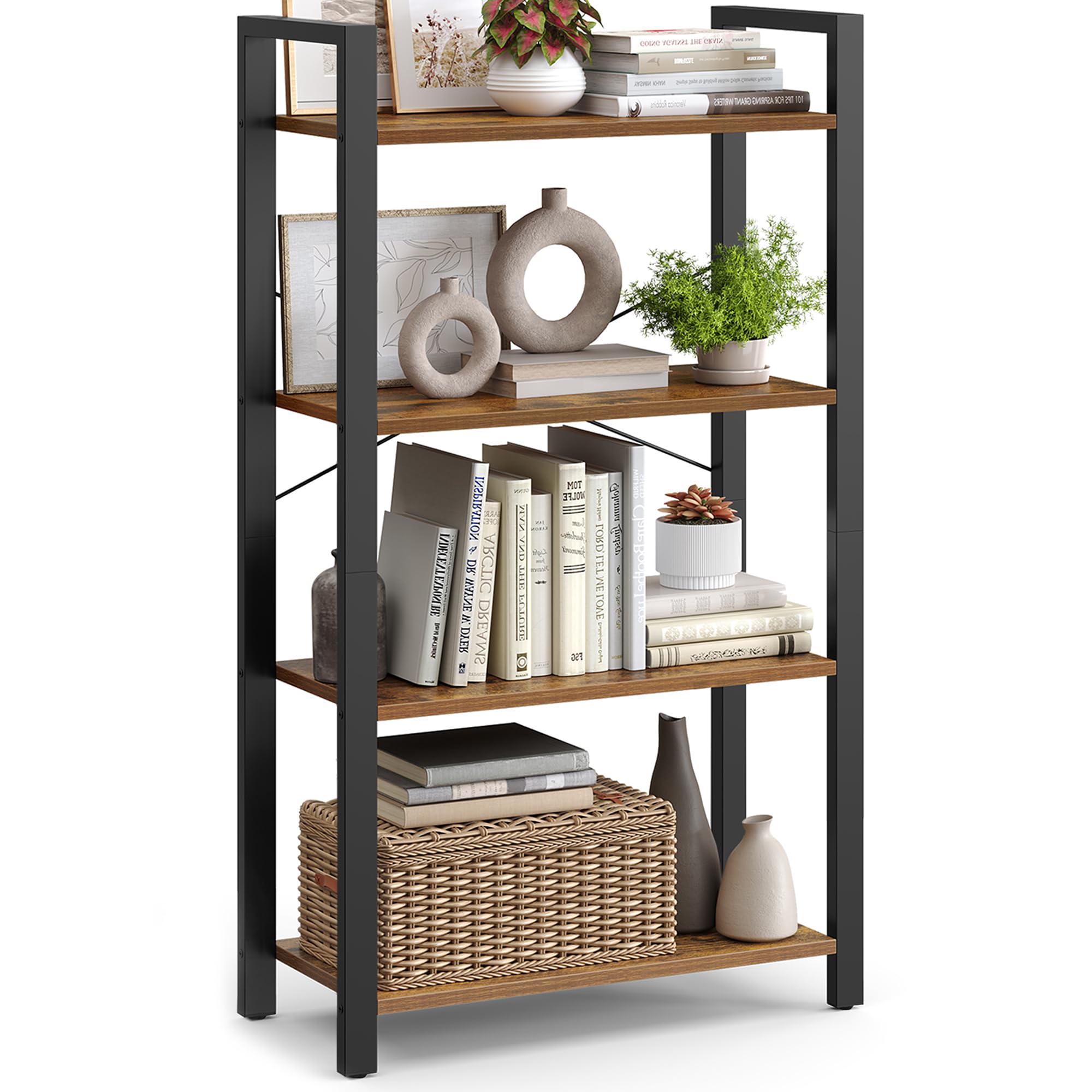 VASAGLE 4-Tier Bookshelf, Bookcase with Steel Frame, Book Shelf for Living Room, Home Office, Study, 11.8 x 26 x 47 Inches, Industrial Style, Rustic Brown and Ink Black ULLS60BX