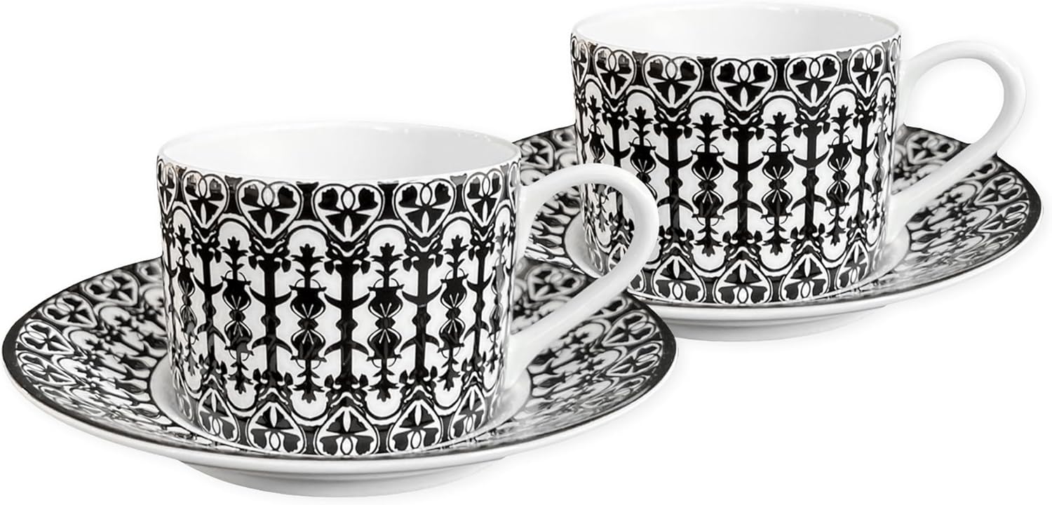 Caskata Casablanca Cups and Saucers Set of 2 | Bone China Black Teacups and Saucers for Entertaining or Everyday | Perfect for Wedding, Birthday, Christmas & Holiday Gifts | 6 oz