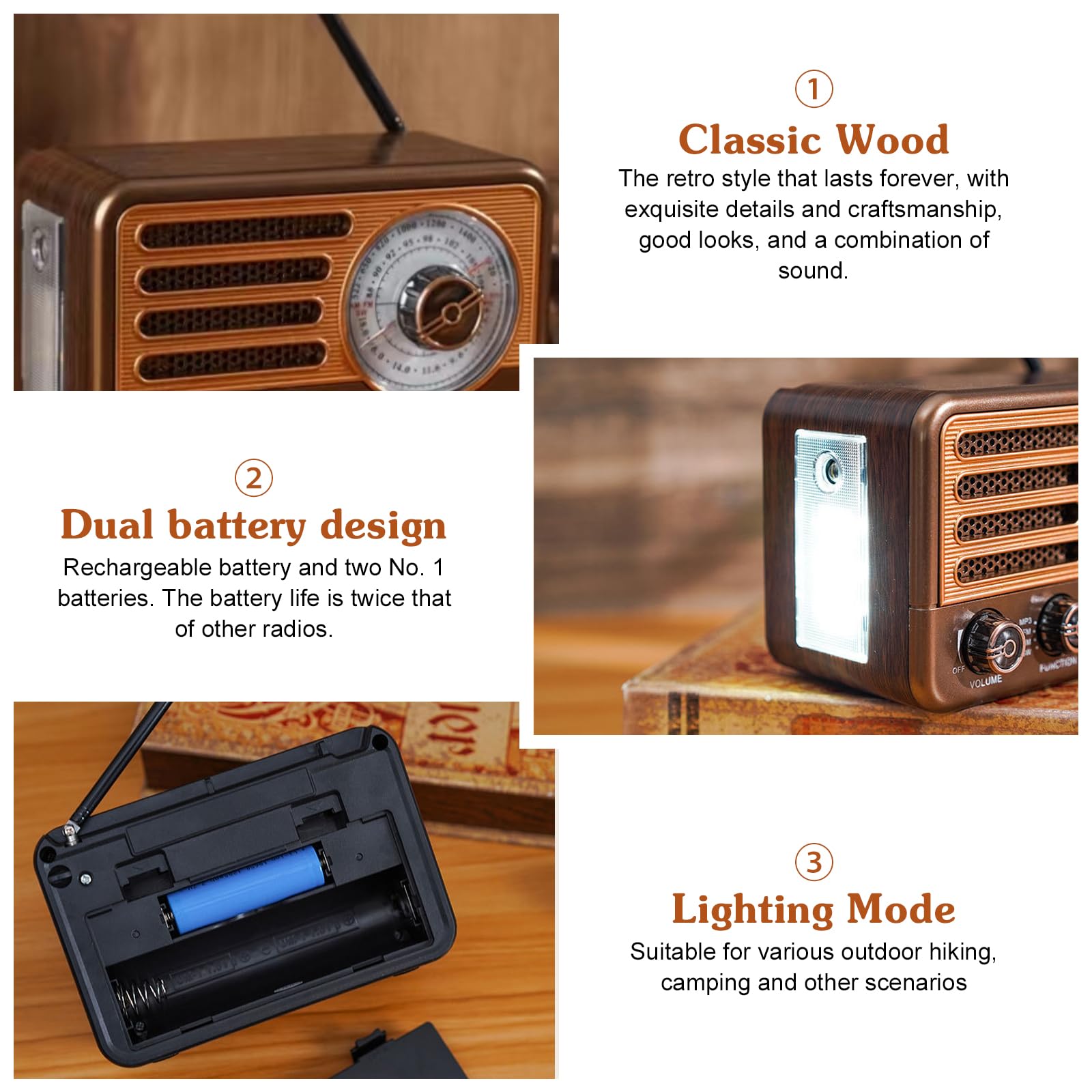 Radio rétro avec Bluetooth, transistor vintage, petite radio AM/FM/SW, prend en charge la lecture USB/TF/Aux-MP3, rechargeable, pour la maison, le bureau, l'extérieur