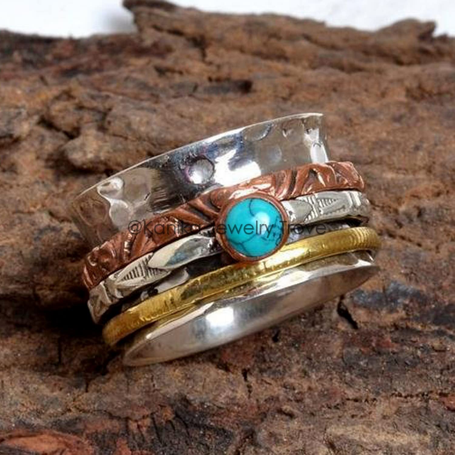 Gehämmerter Spinner Ring Spinner Band Ringe, Angst Ring zur Meditation, Geschenkring zum Muttertag, 925 Sterling Silber Band, Messing und Kupfer Spinner Ring für Damen, (Türkis, Größe 7)