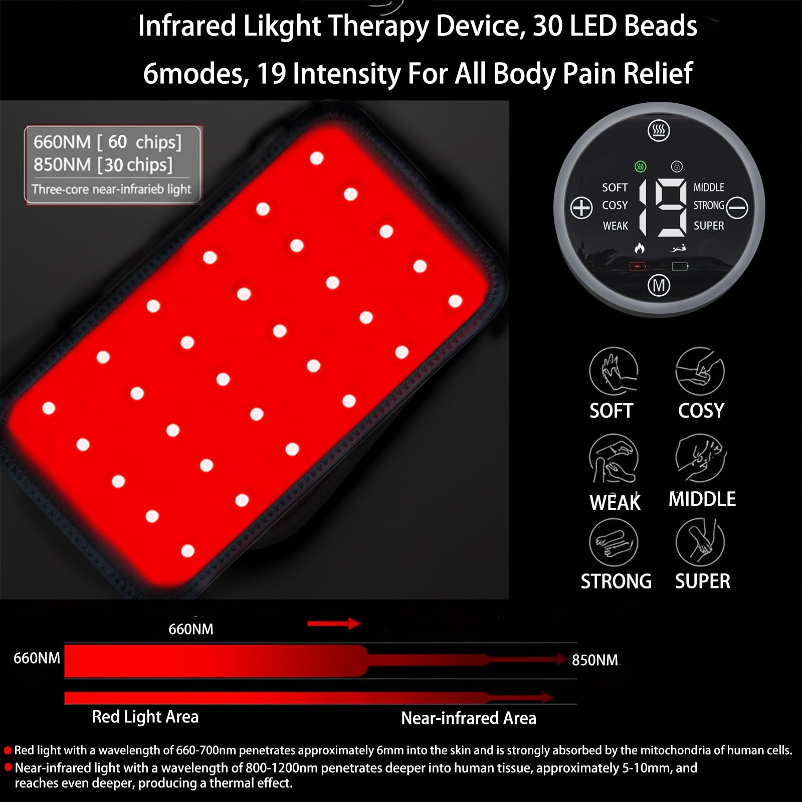 Cuscinetto a luce rossa per corpo, 60 LED a luce rossa da 660 nm e 30 dispositivi a luce infrarossa da 850 nm, 6 modalità, 19 livelli di intensità, avvolgono adatto per alleviare il dolore