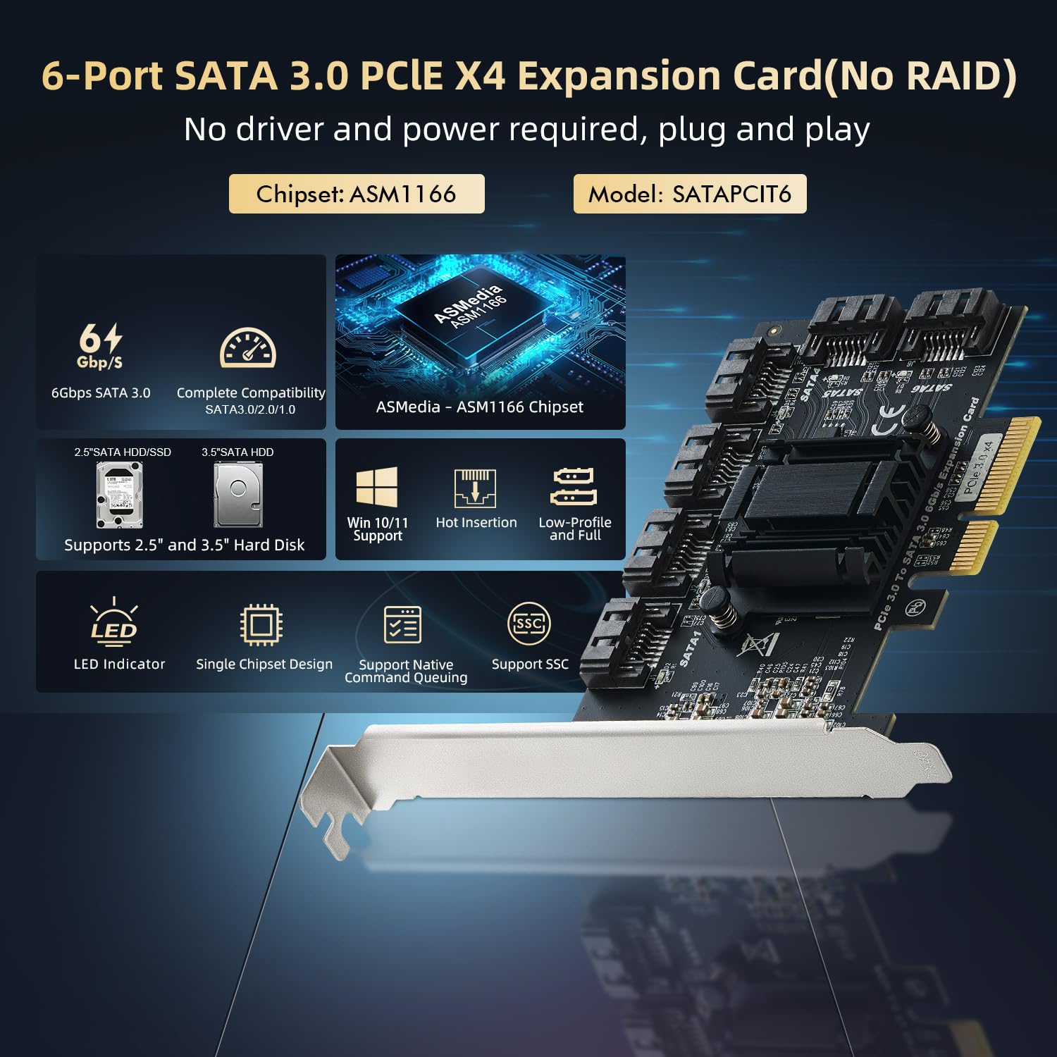 Binardat PCIE X4 zu SATA Karte 6 Port, 6Gbps SATA 3.0 Controller, inkl. 6 SATA Kabel und Low Profile Halterung, für Windows 10/11