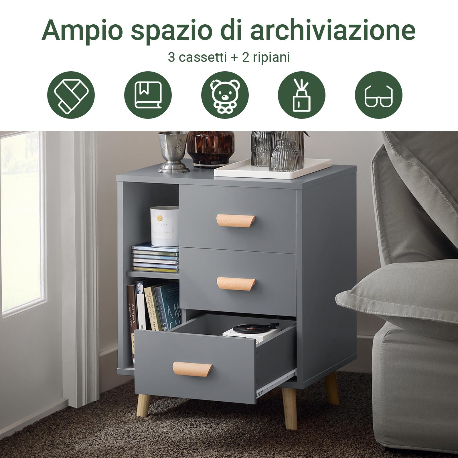 SoBuy Comodino con 3 cassetti e 2 ripiani 48x40x60 cm | Tavolino da notte moderno con cassettiera e spazio contenitore per camera, grigio FBT95-HG