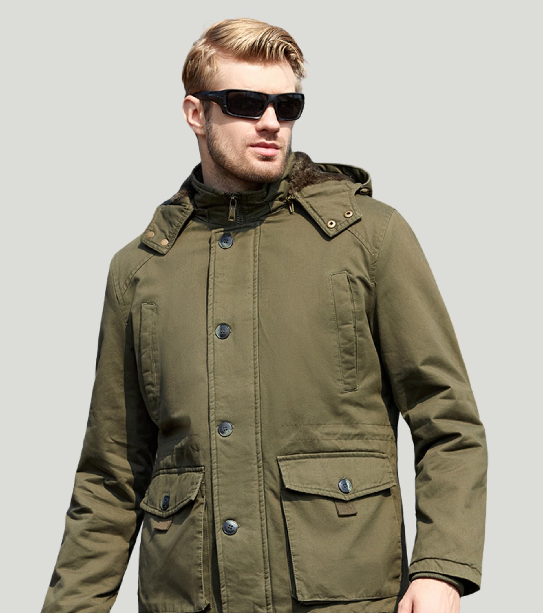 L'MONTE Men's Imported Cotton Winter Cargo Jacket with Detachable Hood, Thick Fleece Lining, Ribbed Cuffs, and Multiple Pockets – Warm, Windproof Outdoor Parka Coat for Harsh Cold Weather (M, Green) 1