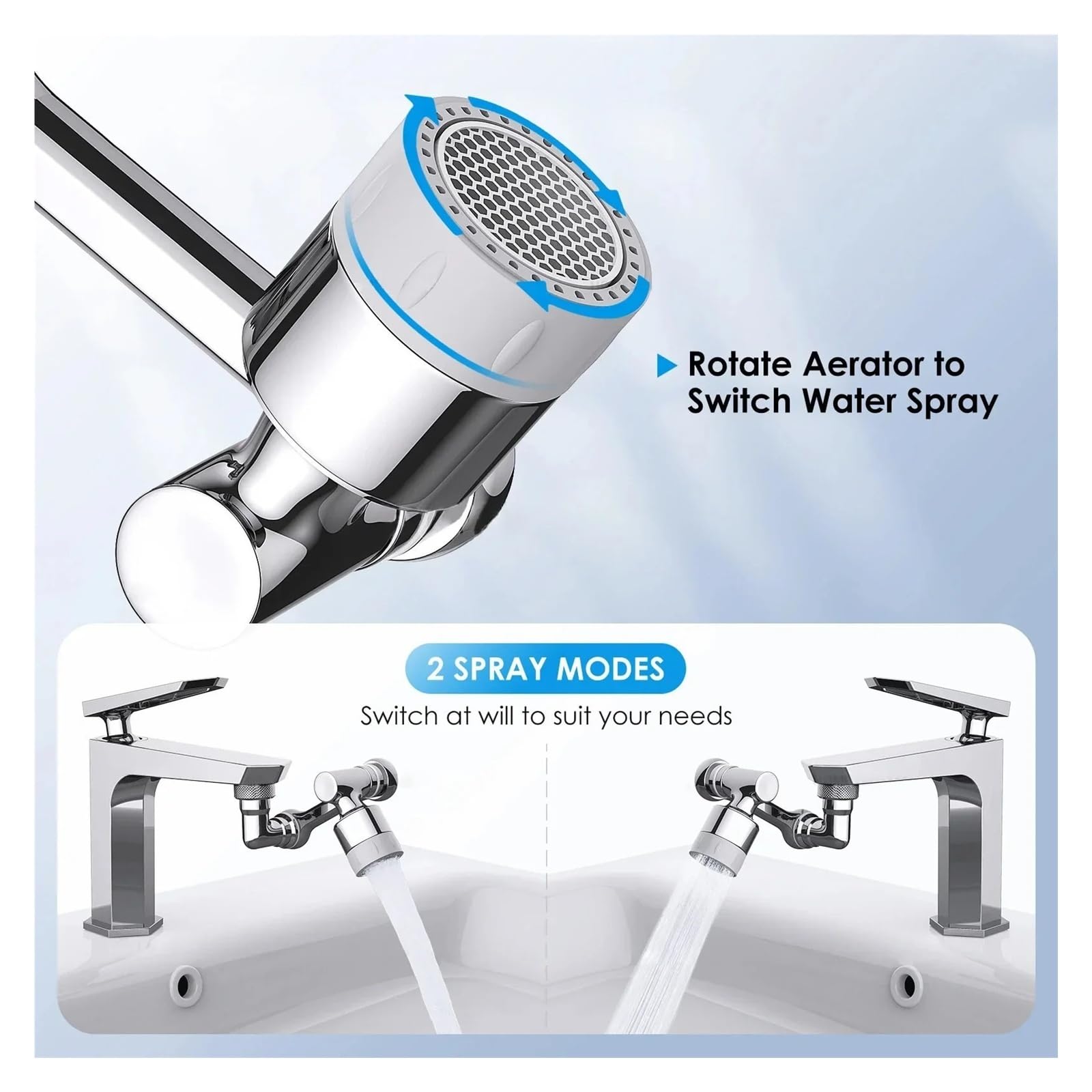 Extensor de grifo giratorio de 1080° con filtro de agua, brazo robótico multifuncional aireador giratorio burbujeador para fregadero de cocina, grifo de baño, 2 modos universales (doble plateado)