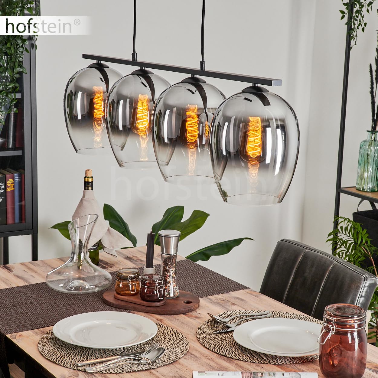Pendelleuchte Vevino, Hängeleuchte aus Metall/Glas in Schwarz/Chromfarben/Klar, Leuchte im Vintage/Retro Design, Schirme aus Glas (Ø 20 cm), 4-flammig, Höhe max. 111,5 cm, 4 x E27, ohne Leuchtmittel