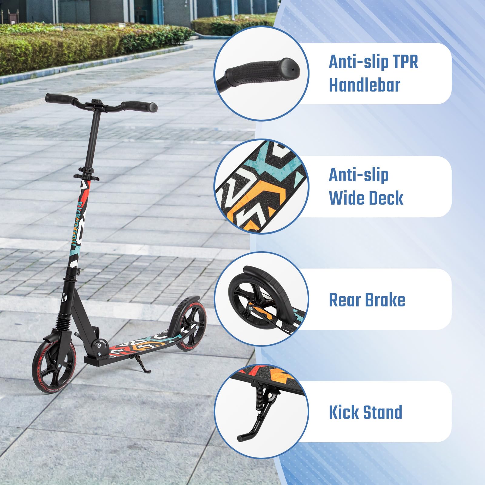 Leogreen Trottinette Scooter Pliable Trottinette Stableen Aluminium Noir | Hauteur de Guidon Réglable, avec Béquill, Roues à 205 mm, pour Adultes et Adolescents à 100kg