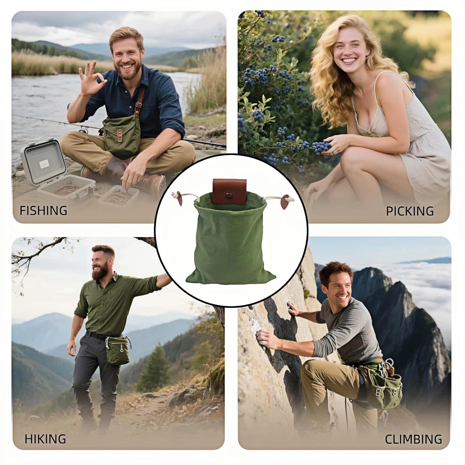 Foldable Waxed Canvas Foraging Bag - Hands Free Waist Pack for Hiking, Camping & Berry Picking, Waterproof Tactical Hip Pouch ,Mushroom Picking(Army Green),8.94X8.66IN - Image 6