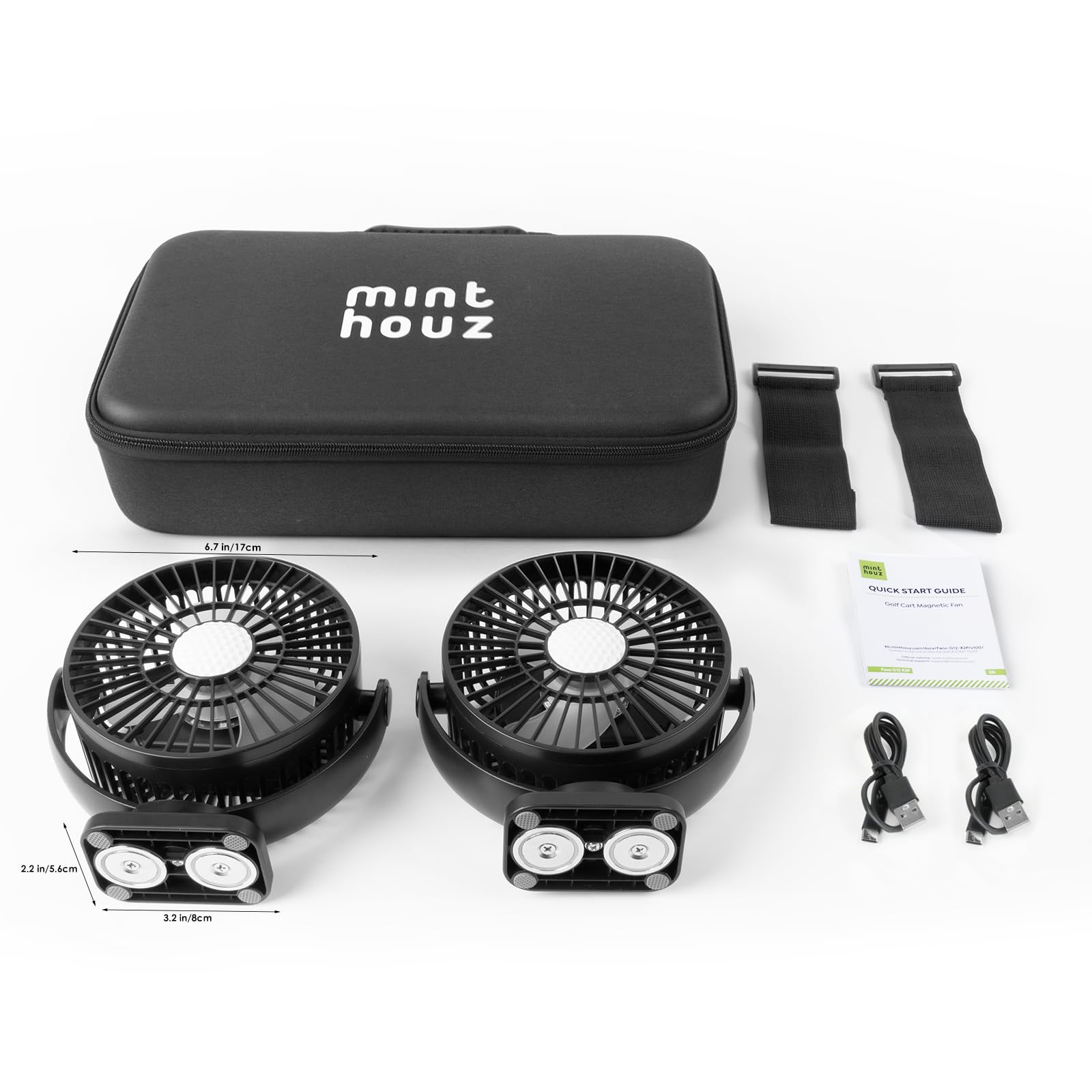 Minthouz Paquete de 2 ventiladores magnéticos recargables para carrito de golf con caja de almacenamiento
