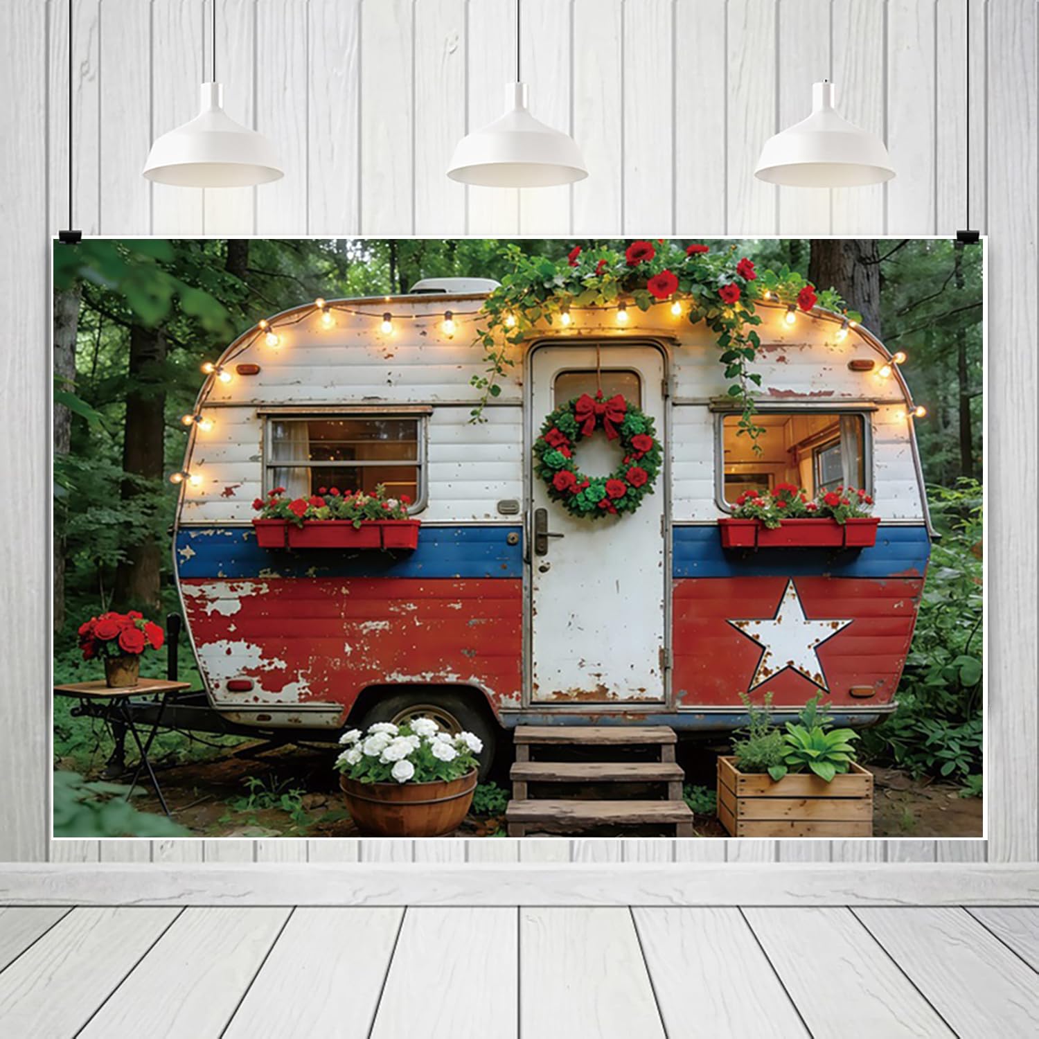 3,6x2,5m Vintage Patriotischer Camper Hintergrund Rot-Weiß-Blau Wohnwagen Blumenkranz Lichterketten Pflanzer Requisiten Rustikaler Outdoor Thema Fotostudio Requisiten