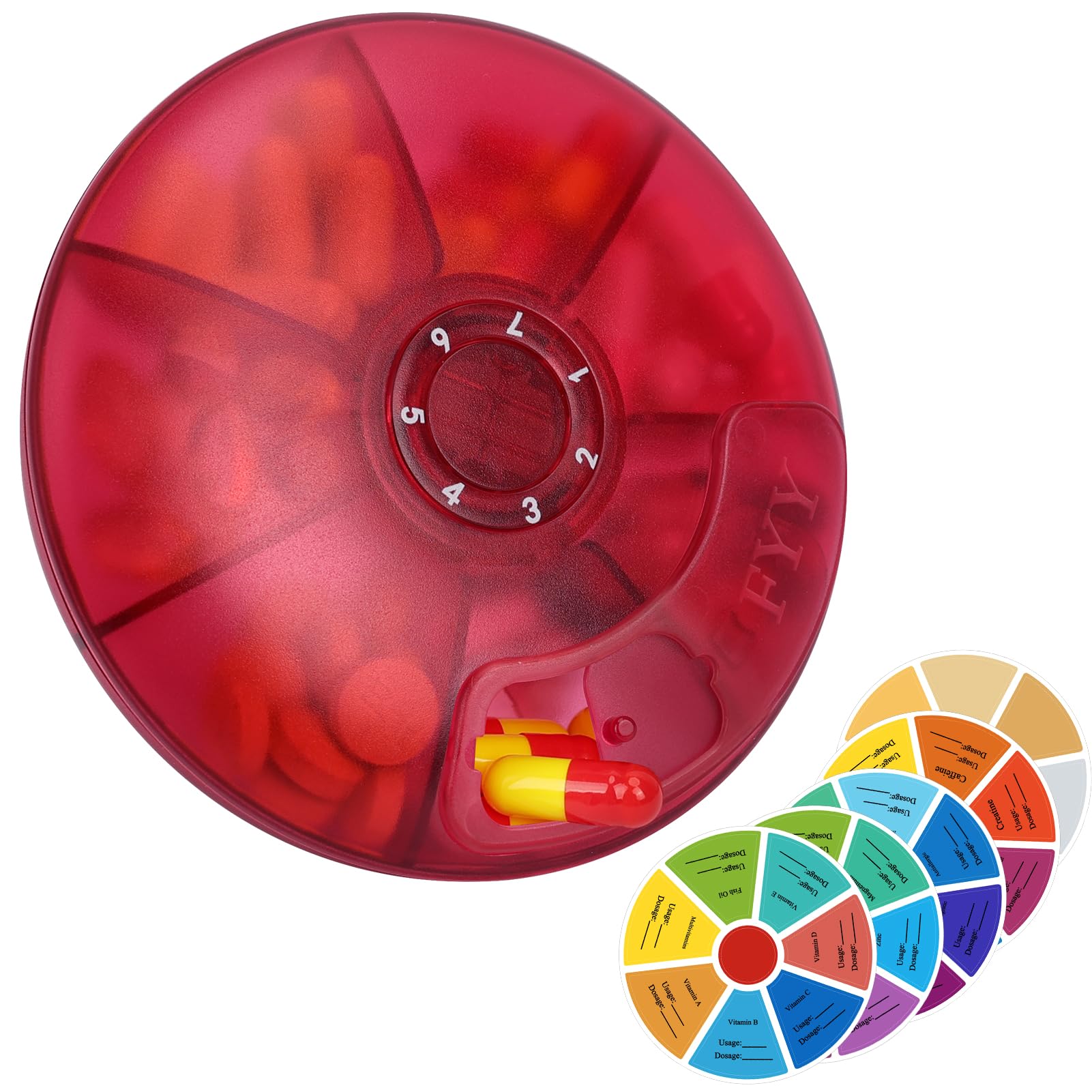 FYY Travel Weekly Pill Organizer - Push Button Pill Case Rotate 7 Compartments Daily Pill Box Portable Pill Dispenser Medicine Case with Labels for Vitamin,Fish Oil,Pills,Supplements-Red