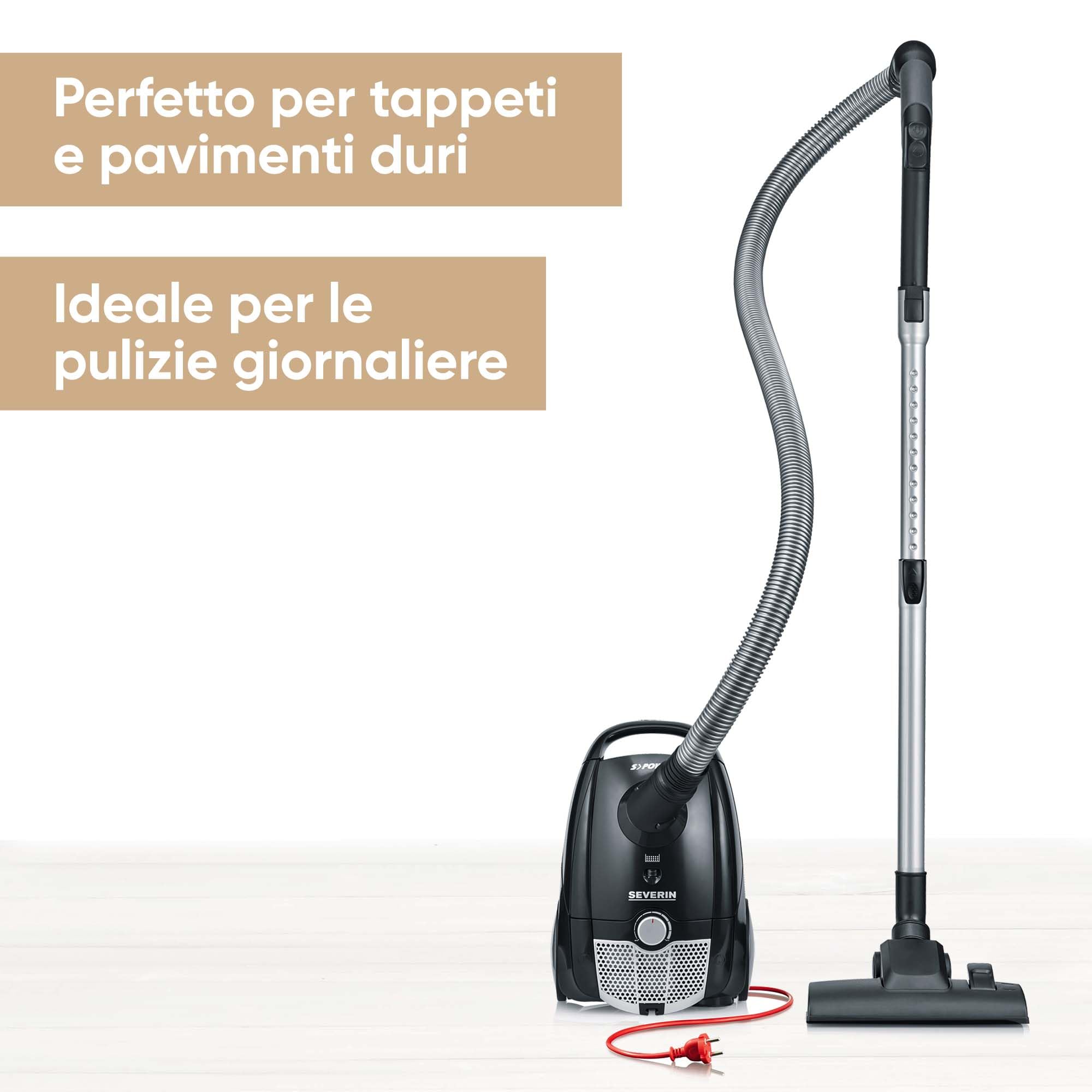 SEVERIN Aspirapolvere con Sacco, 750W, 2 Litri, Silenzioso, Compatto, Raggio d'Azione 8m, Set Accessori, 35,0 x 25,0 x 20,0 cm, Nero - BC 7030