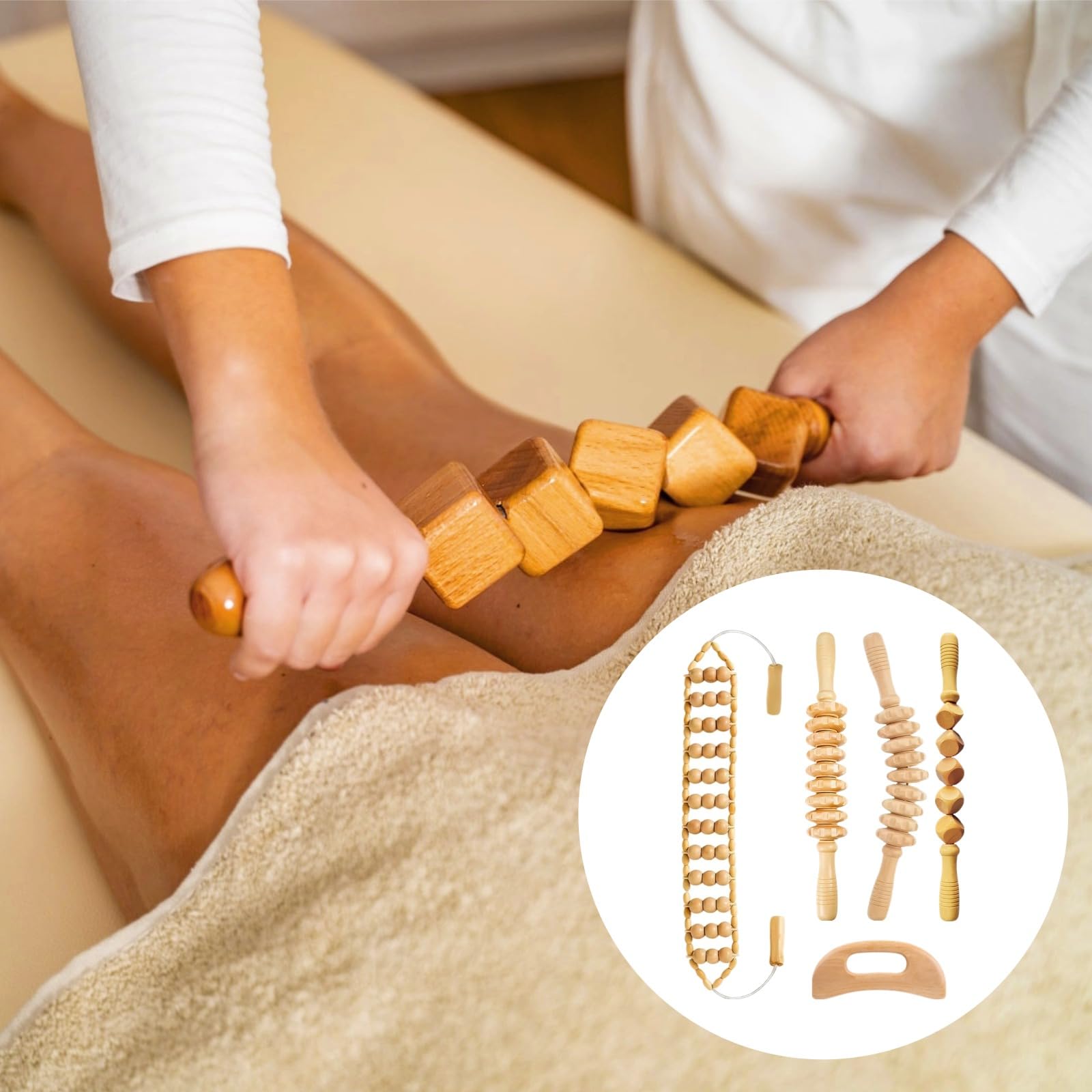 Kit de 5 piezas de maderoterapia, herramientas de masaje de terapia de madera con rodillo trasero y tabla de raspar, juego de masajeador de madera para esculpir el cuerpo y relajar los músculos