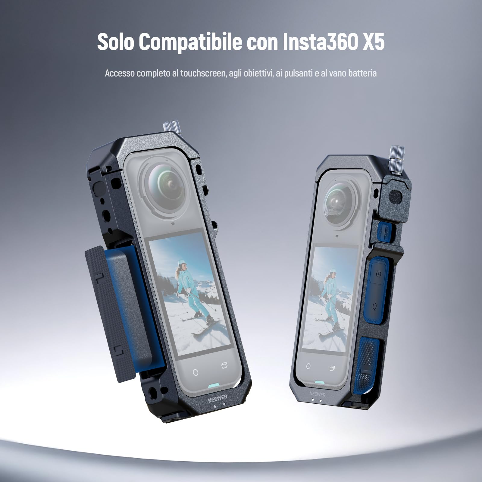 NEEWER Gabbia Fotografica per Insta360 X5, Custodia Protettiva, Telaio Lega Alluminio per Video Rig con Sgancio Rapido, Adattatore Montaggio, Filettature 1/4", Paraluce, Accessori per Action Camera