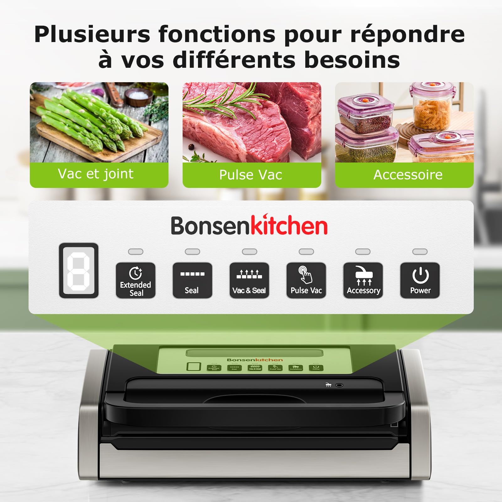Bonsenkitchen Machine Sous Vide Alimentaire, Puissante et Silencieuse, Technologie Globefish pour un Travail Continu, Conception avec Poignée Verrouillée, Cutter Intégré, Noir