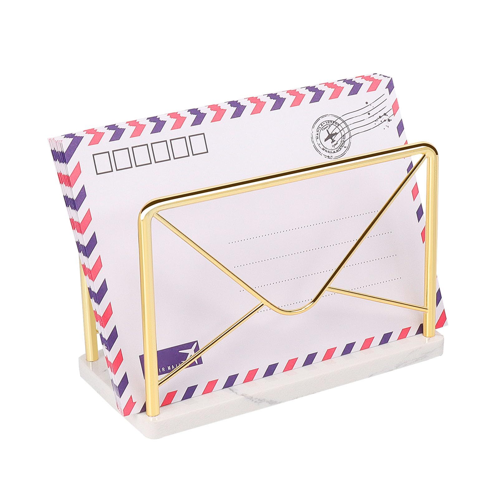 Jeasor Modern Mail Holder for Home Office, Metal Letter Organizer Sorter for Desk, Cutout Mail Envelope Design, Bill Filling Paper Document Rack, Envelope Storage Rack with Marble Base