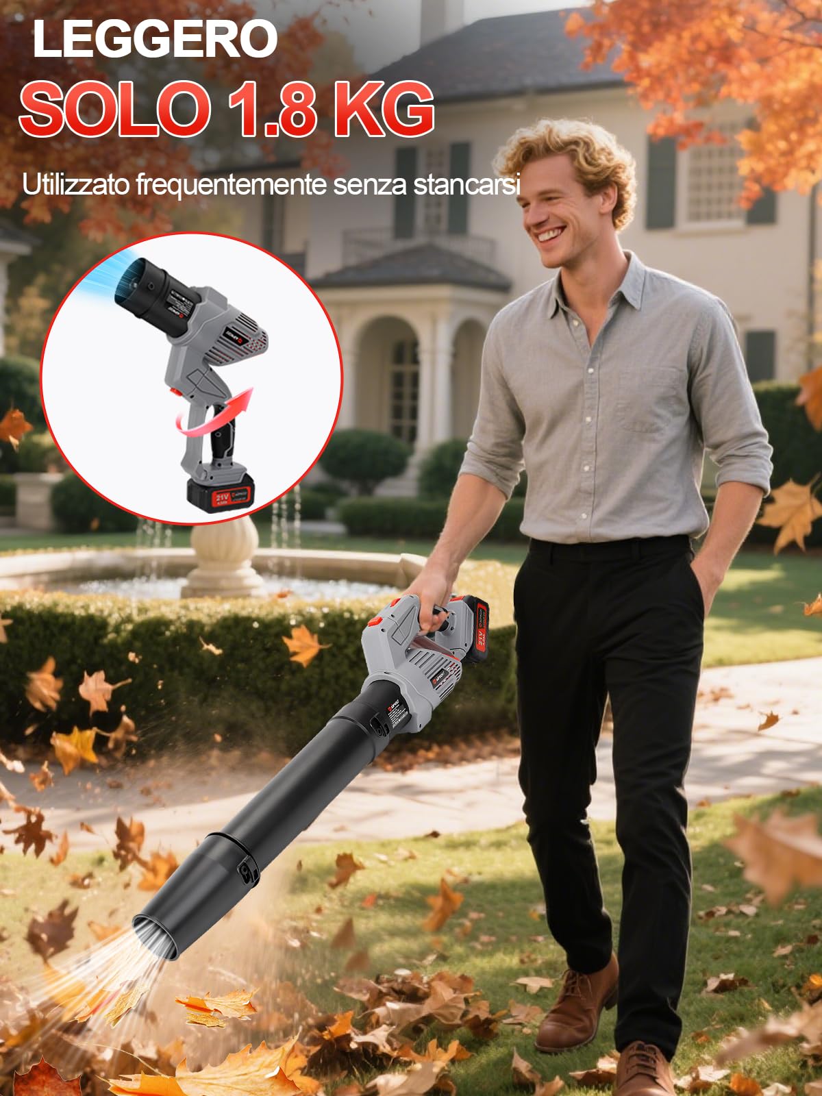 Soffiatore per foglie senza fili, modalità Turbo, 1189m³/h, 21V, soffiatore a batteria 5 marce con 2 batterie da 4,0Ah e caricabatteria,rotazione di 180°per la pulizia di prato,cortile,garage e patio