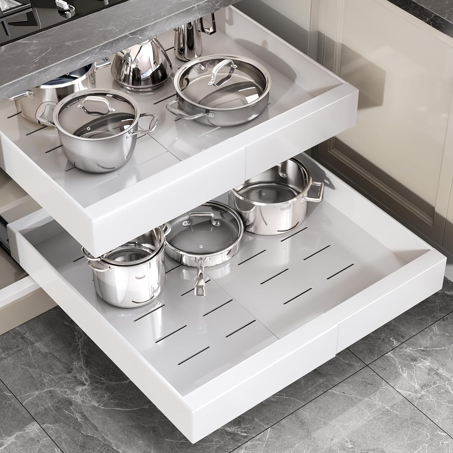 2 Pack Pull Out Cabinet Organizer 22" Deep With Raising Pad for Framed Cabinets,Full Extension 3 Slide Rails,Expandable Width (12.3"-20.5") Slide Out Drawers,No Drill Roll Out Shelves,White White 22"D x 12.3"-20.5"W(2Pack)