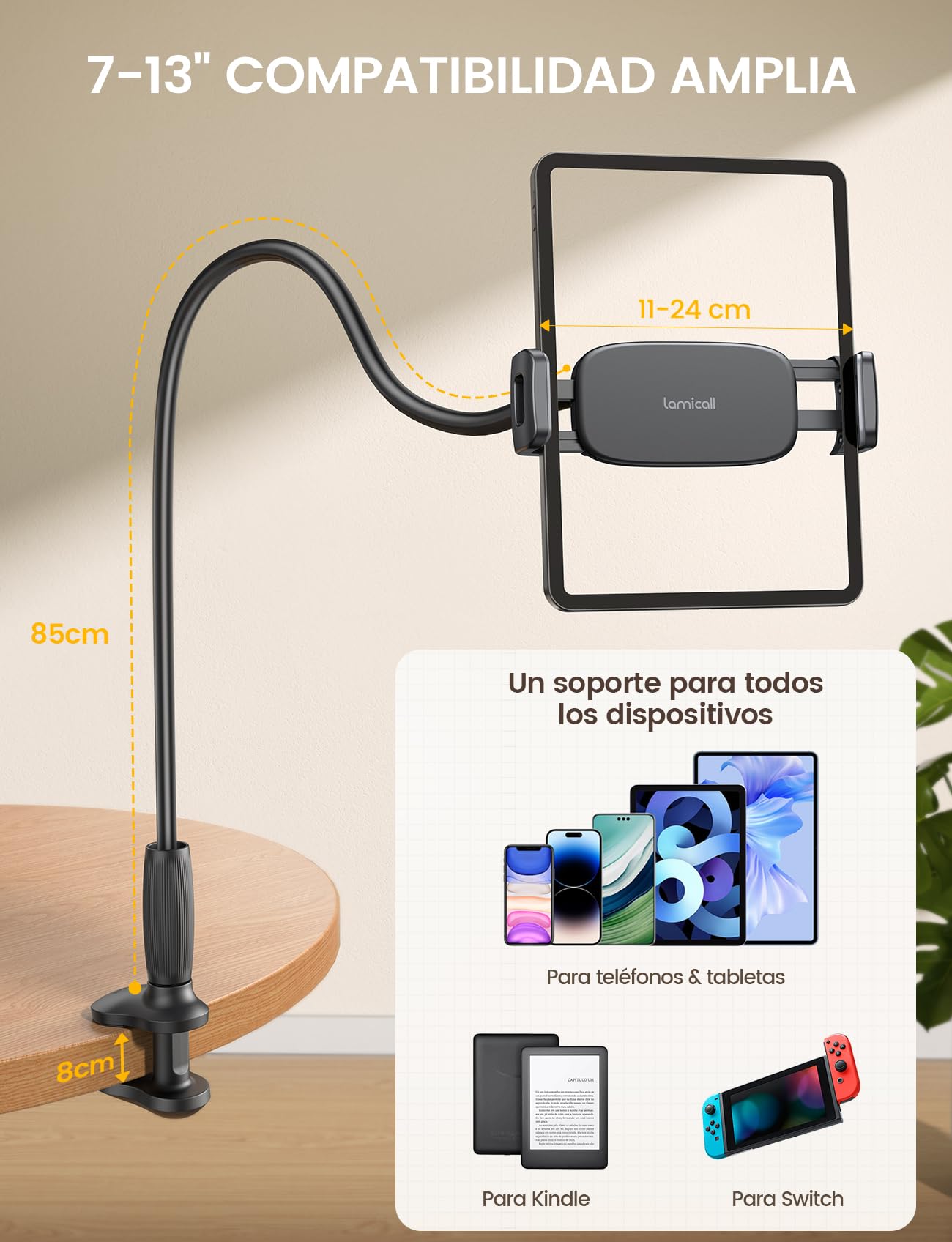 Lamicall Soporte Tablet con Cuello de Cisne - [Diseño Cónico - Base Estable, Brazo Flexible] 85cm Soporte iPad para Cama y Mesa, 360° Rotación, para iPad Pro Air Mini, Kindle, Otro 4,7-13" Dispositivo