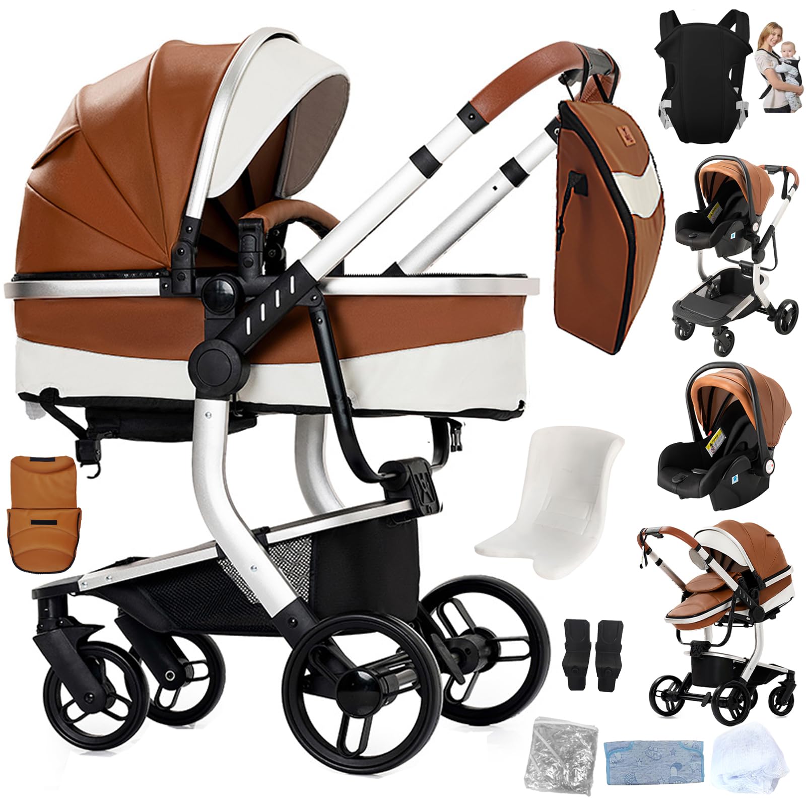 Reenborn Pelle PU Passeggino Trio, Passeggino 3 in 1 con Due Modi Reversibili Spingere, Trio Neonati con Design Pieghevole in Un Clic, Telaio Alluminio Paesaggistico Alto (L518 Khaki)