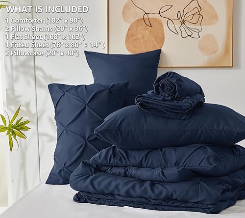Miniatura 7 de CozyLux Juego de edredón tamaño King de 7 piezas de color azul marino, juego completo de ropa de cama plisada con edredón para todas las estaciones,