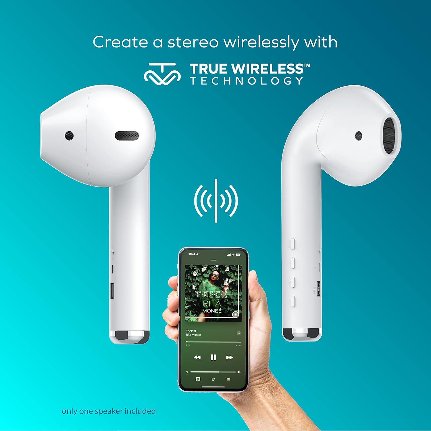 Two Coby speakers and a smartphone demonstrating True Wireless Technology