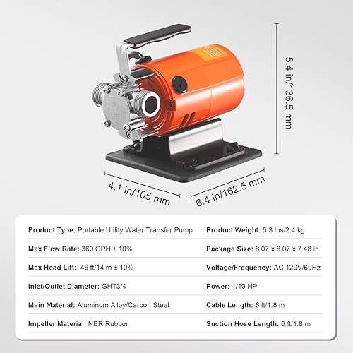Miniatura 7 de Happybuy Bomba de transferencia de agua, 120V CA 360 GPH, 110 HP, Bomba eléctrica portátil, Kit de manguera de succión, cepillos de carbono,