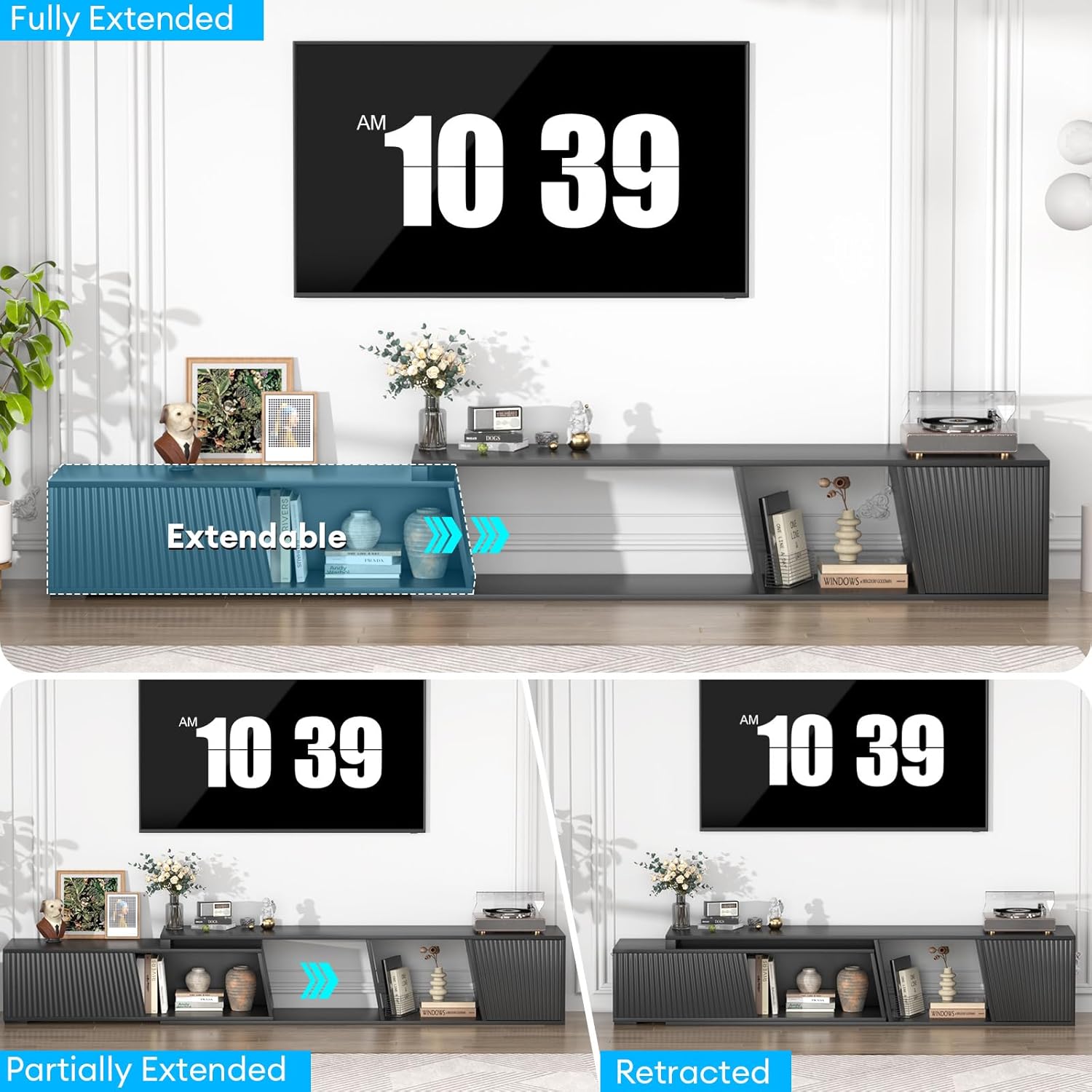 Extendable TV Stand with Sliding Doors Minimalist Rectangle, Wood Entertainment Center Black TV Console Table Up to 110" w/Shelves Cabinet for Living Room, Bedroom (70.9”W-109”W)