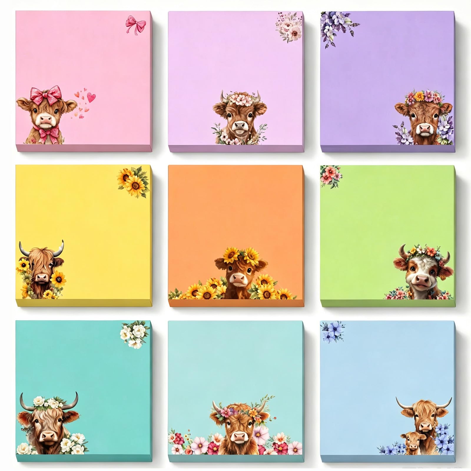 Highland Cow Gifts for Women，9 Pack Highland Cow Sticky Notes Set 3x3in