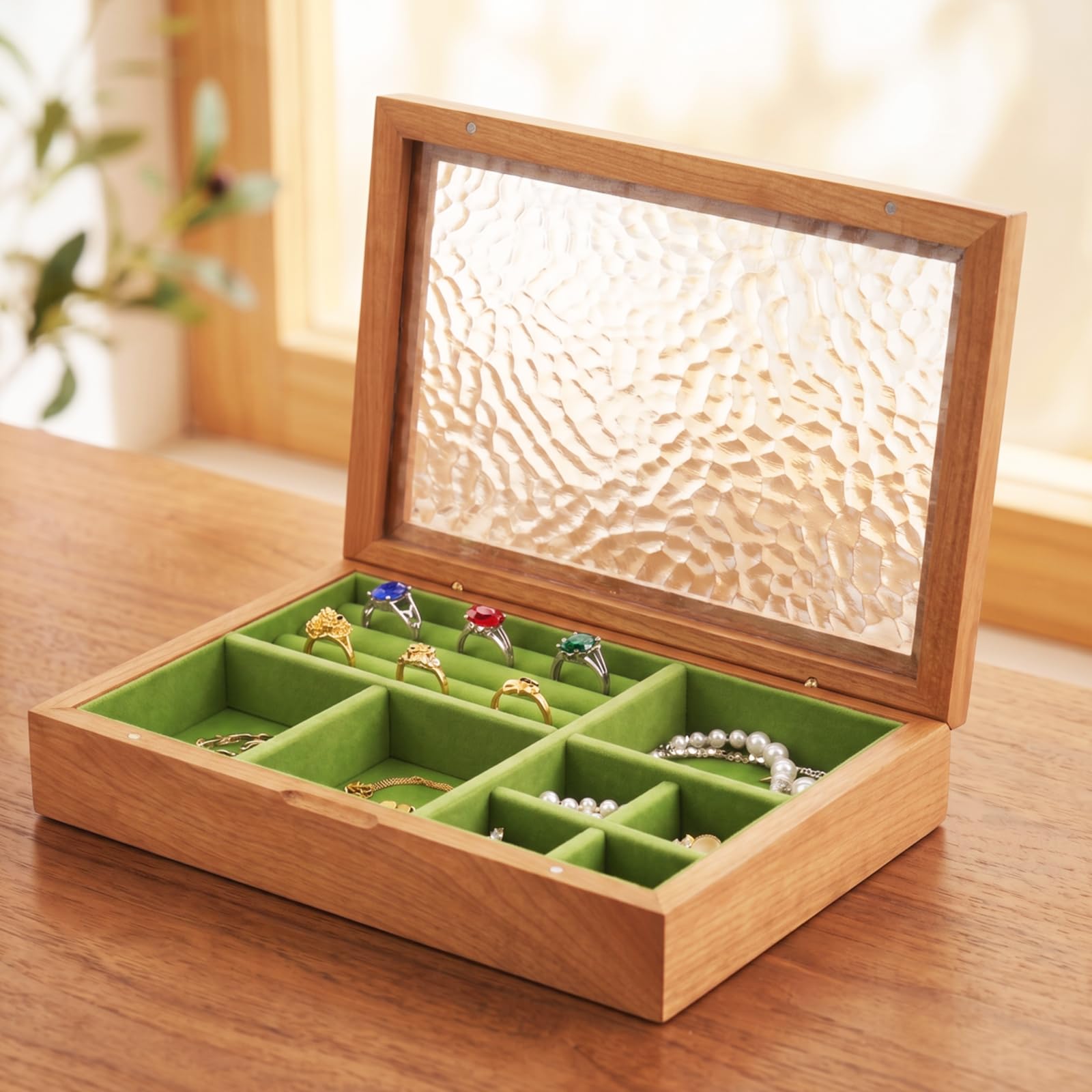 ZILAMPU Schmuckschatulle aus Holz, 1-lagig, Schmuckschatulle mit Glasdeckel, Vintage-Schmuck-Organizer aus Holz, separate Fächer, Schmuckschatulle für Ringe, Ohrringe, Halsketten, Armbänder
