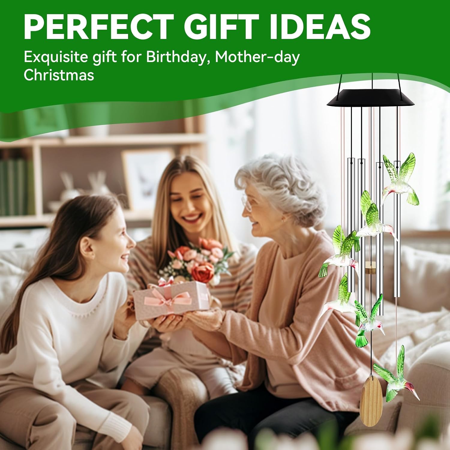Mothers Day Mom Gifts, Solar Wind Chimes for Outside, Birthday Gifts for Women, Grandma, Wife, Solar Hummingbird Light Hanging for Yard, Patio, Garden Decor, Automatic Color Changing, Green Bird