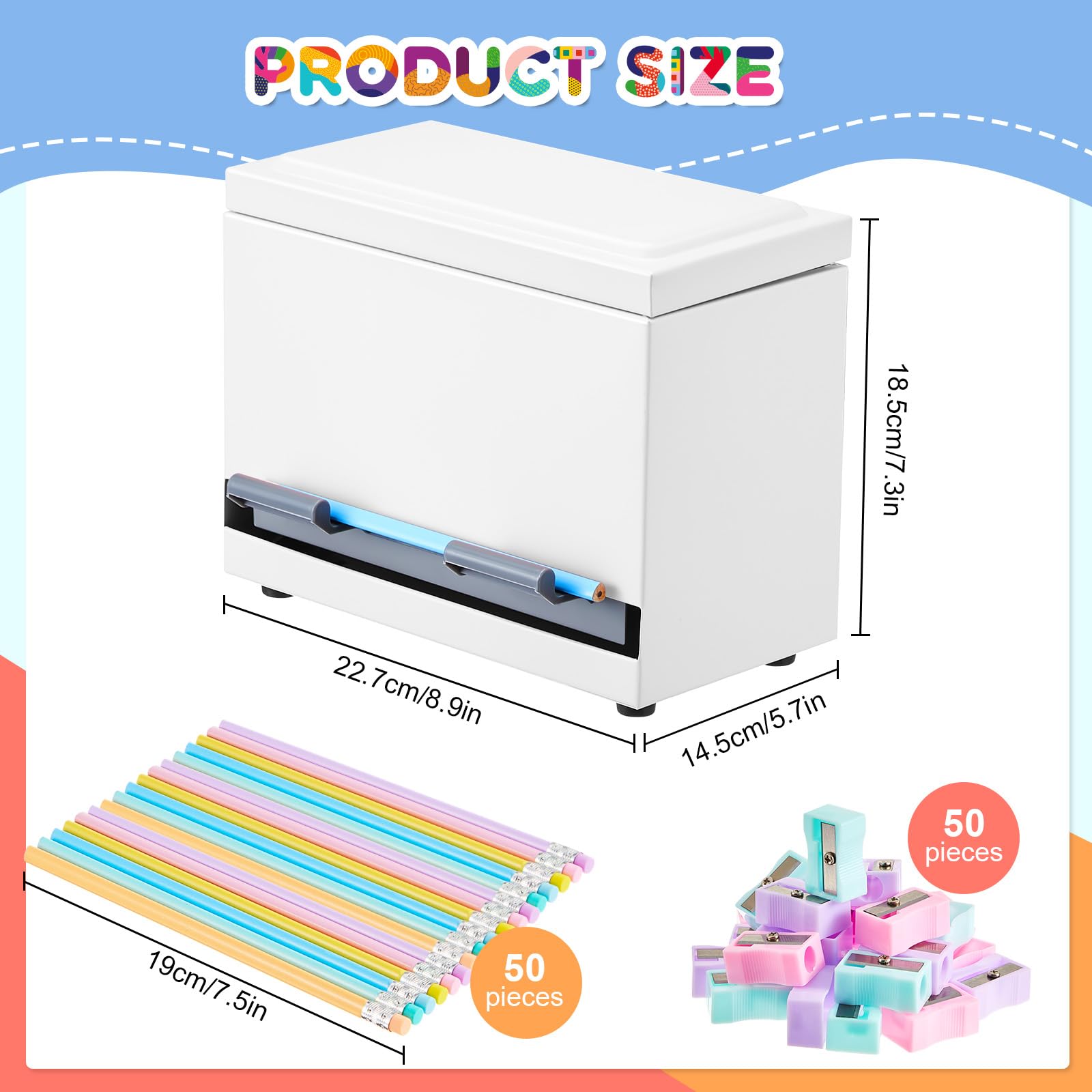 Ctosree Kit dispenser per matite in acciaio inox, 157 pezzi, con 50 matite, 50 temperamatite, 6 adesivi, portapenne in metallo fai da te, scuola e aula (bianco opaco)