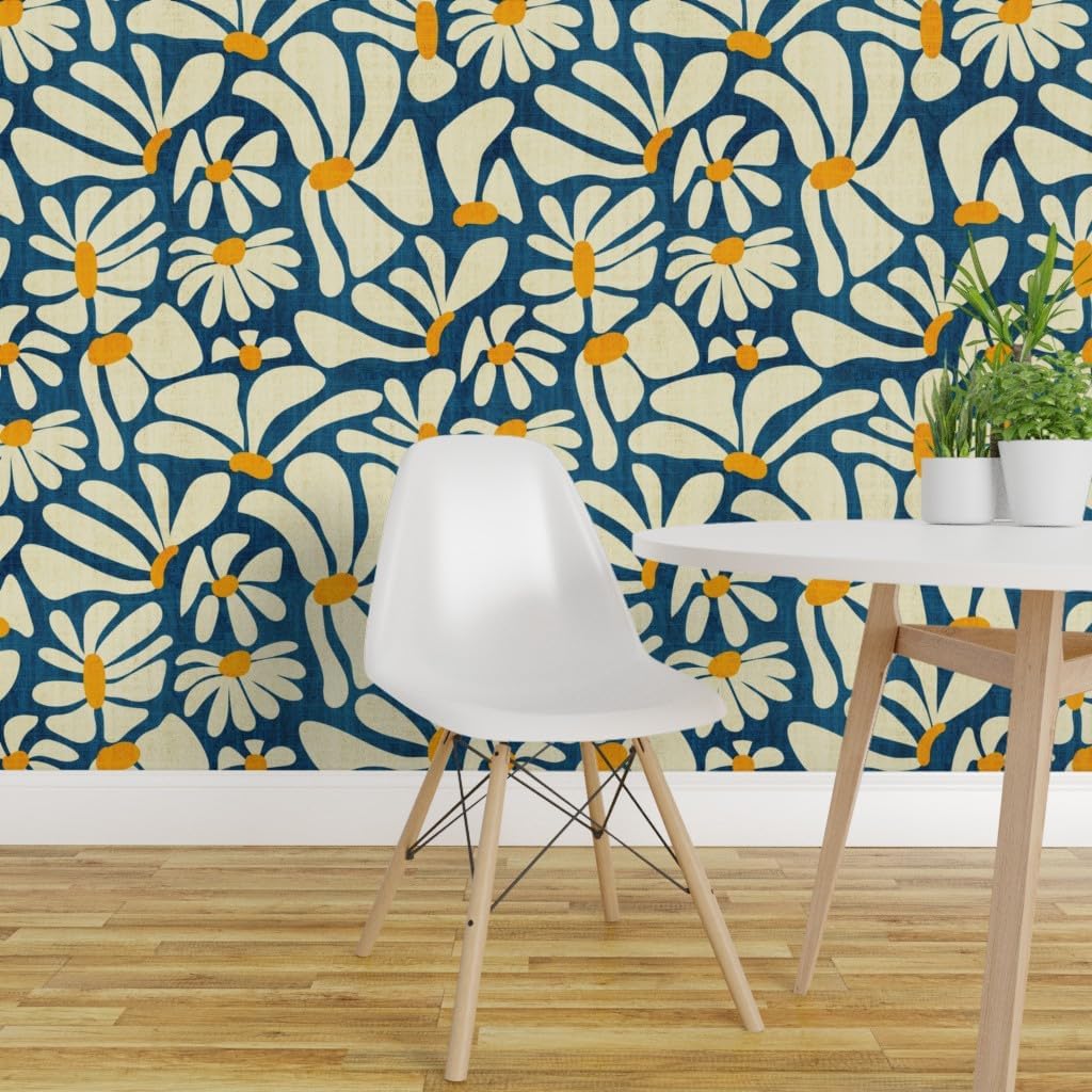 Spoonflower Removable Wallpaper 9ft x 2ft - Retro Daisy Flower Power Blue Floral Vintage Groovy 70S 60S Custom Pre-Pasted Wallpaper
