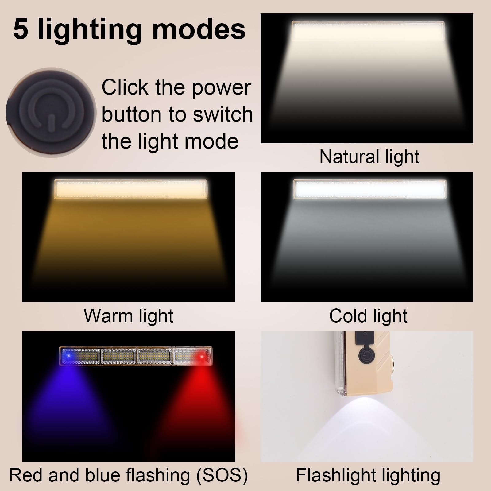 CREATESTAR Lampe de Travail Rechargeable 22cm, Lampe de Poche 5 Modes Baladeuse LED avec Base Magnétique et USB rechargeable pour Garage tente Auto Camping Urgence jardin cour