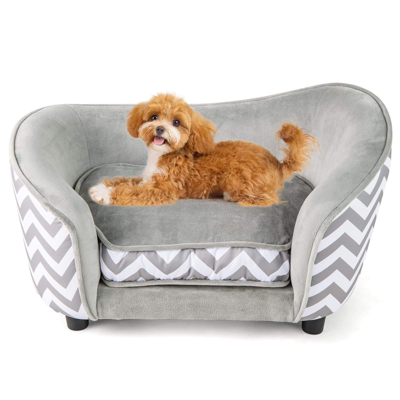 GOPLUS Panier Chien avec Dossier et Accoudoirs Incurvés, Cadre en Bois, Housse Amovible et Lavable, Gris, 50 KG