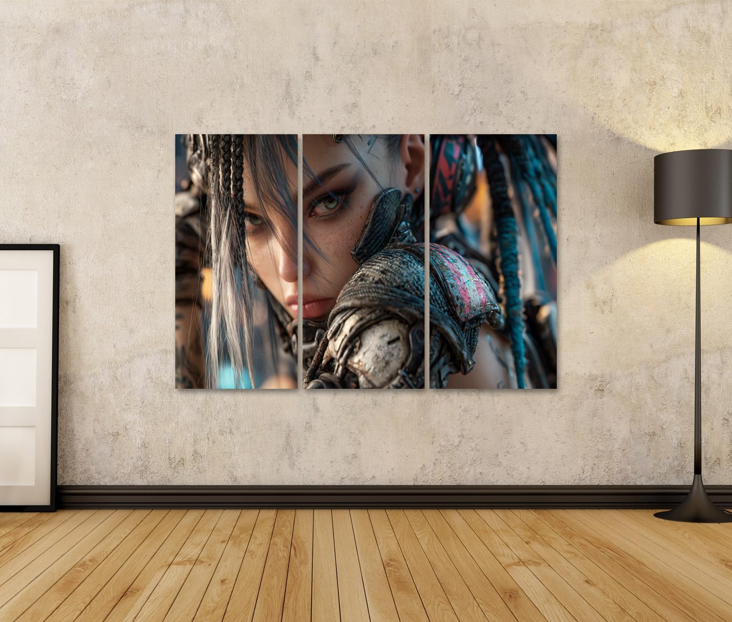 islandburner Quadro su tela Futuristico Cyberpunk Lady Murale soggiorno per gli appassionati di fantascienza – 3 pezzi
