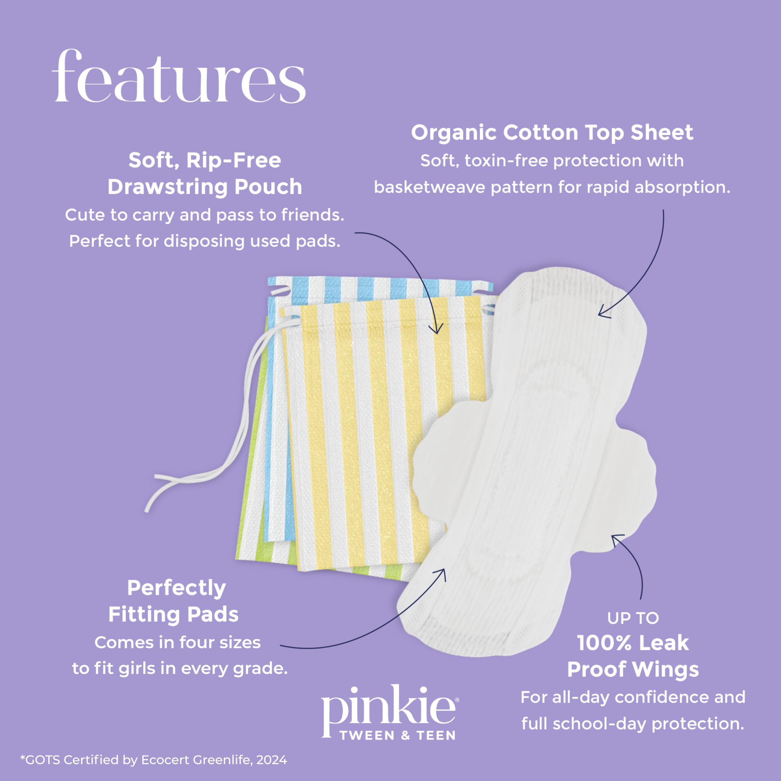 Pinkie First Period Prep Bundle - Combo Pack + Pouch - Includes 22 Organic Cotton Topsheet Pads - Mini, Small and Regular Size Pads with Wings - Period Travel Kit - Fragrance and Chlorine-Free