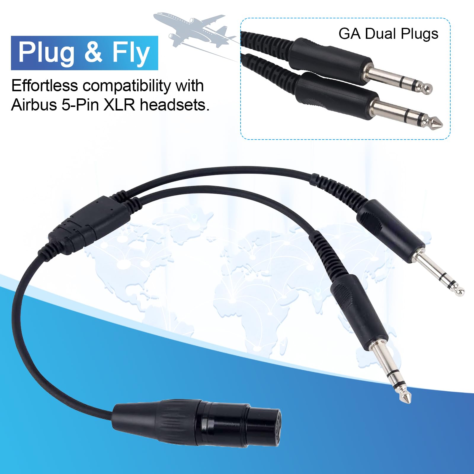 WODASEN Adattatore per cuffie aviation AB-GA 5 pin femmina Airbus XLR a GA Dual Plug Cavo connettore per pilota elicottero aviazione generale Adattatore per cuffie Twin Plug