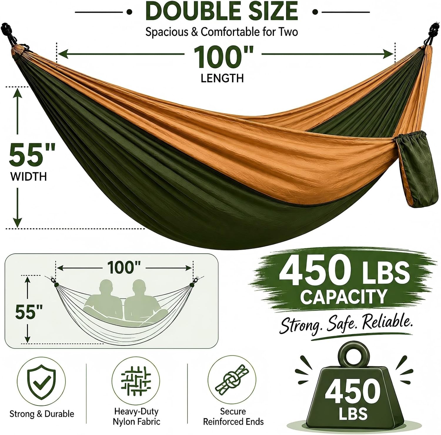 Double Camping Hammock with Nylon Rope, 450lbs Breaking Capacity Portable Nylon Parachute Hammock for Backyard, Hiking, Travel, Backpacking (Khaki Patchwork)