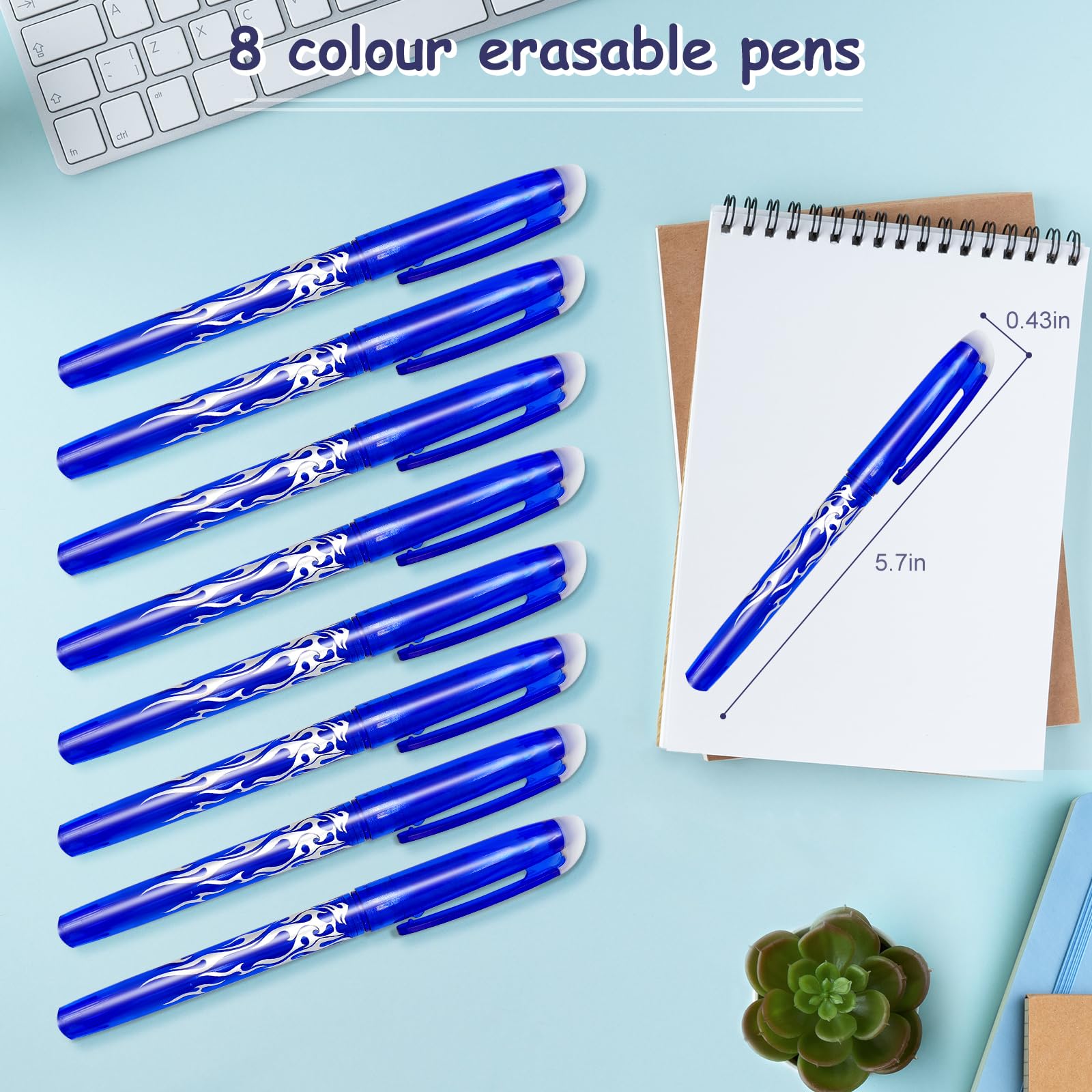 Obidodi 8 Erasable Gel Pens - Blue, Rub Out Pens with Rubbers for Kids & Adults, 0.5mm Point, 1 count (Pack of 8) - Image 3
