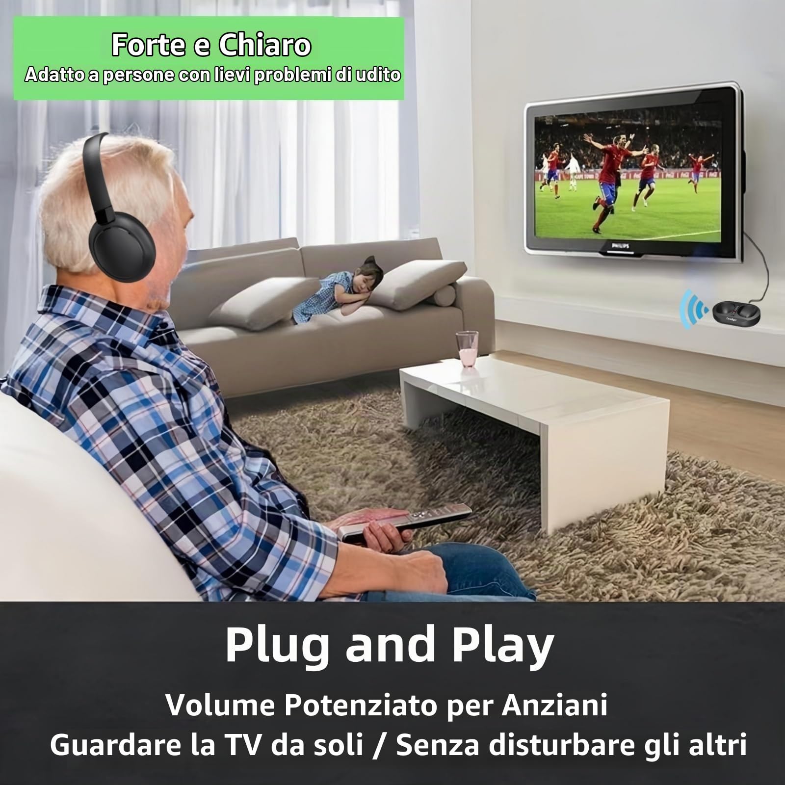 Cuffie TV Senza Fili per Anziani, Cuffie TV Wireless con Base di Ricarica Del Trasmettitore, Comode Cuffie Over-Ear, Batteria a Lunga Durata, Facile Controllo del Volume, Ideali per Guardare la TV